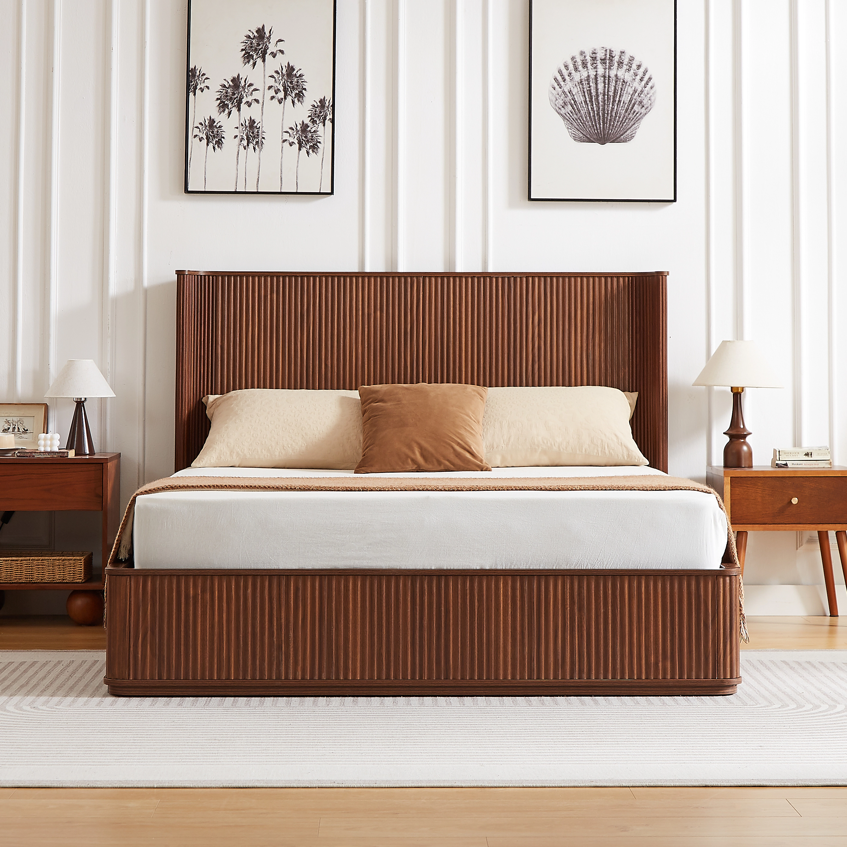 Flynama Queen Walnut Wood Platform Bed, 44" Tall Corrugated Headboard, Minimalist Ease