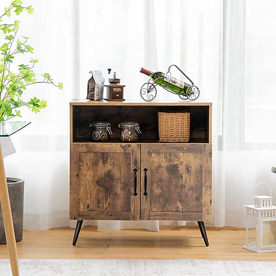 Glintex Mid-Century Buffet Cabinet with Stemware Holders and 110-Lb Top, Rustic Brown