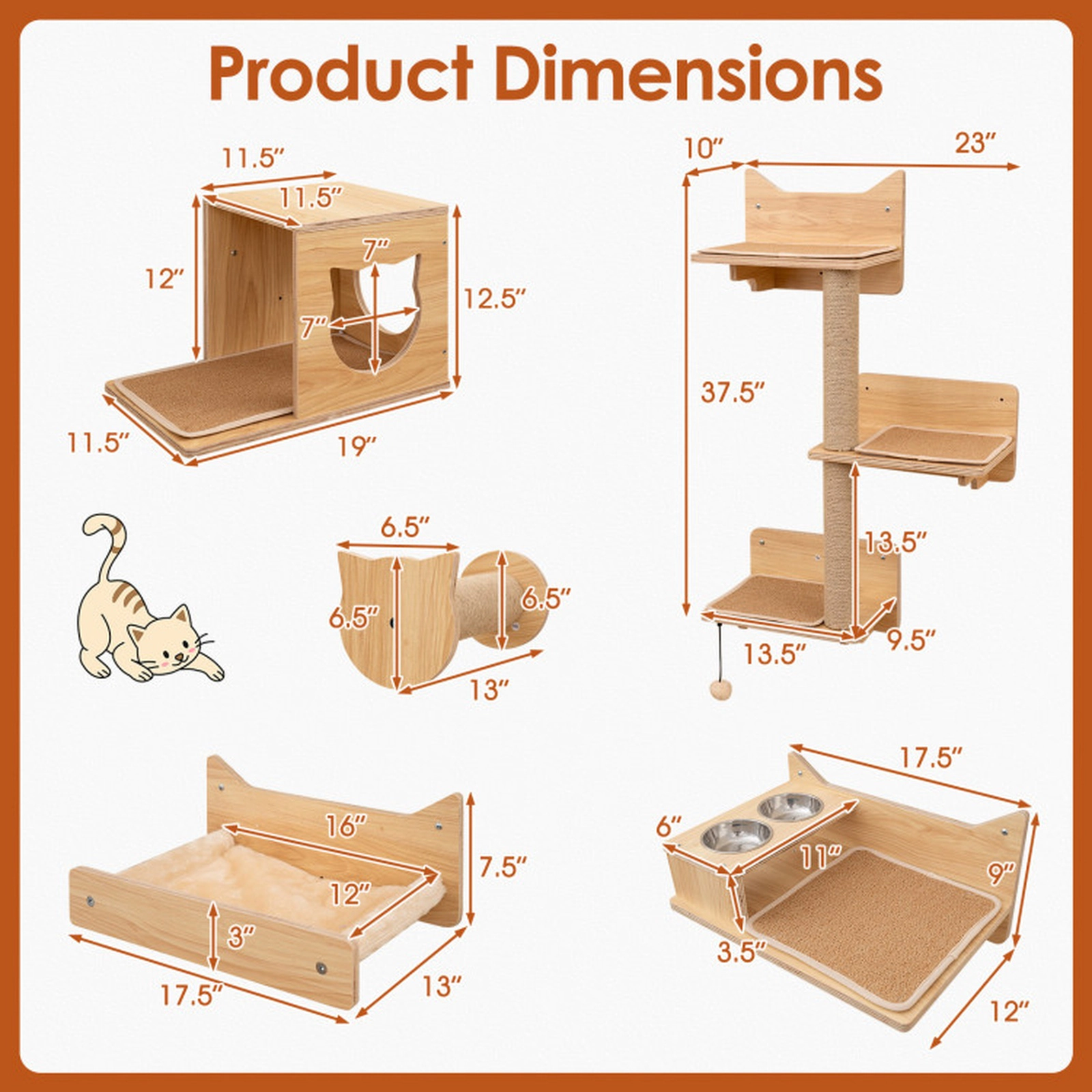 SUGIFT 6-Piece Wall-Mounted Cat Furniture Set with Tree, Condo and Feeding Station 22-lb Capacity Natural