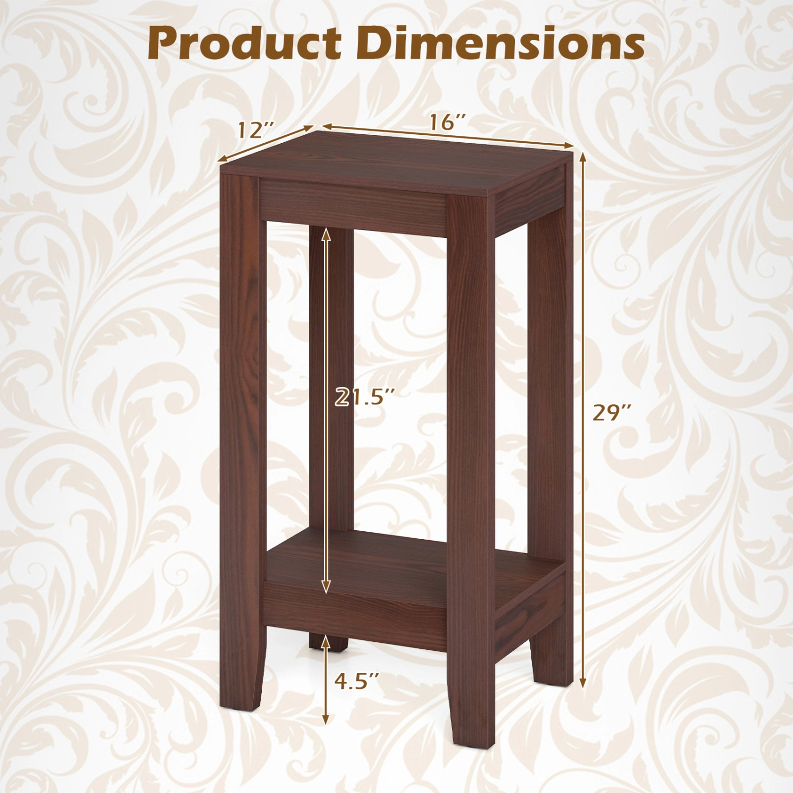 SUGIFT Tall Wooden Sofa End Table Side Table with Shelf 29-in Tall 55-lb Tabletop Capacity Brown/Black/White