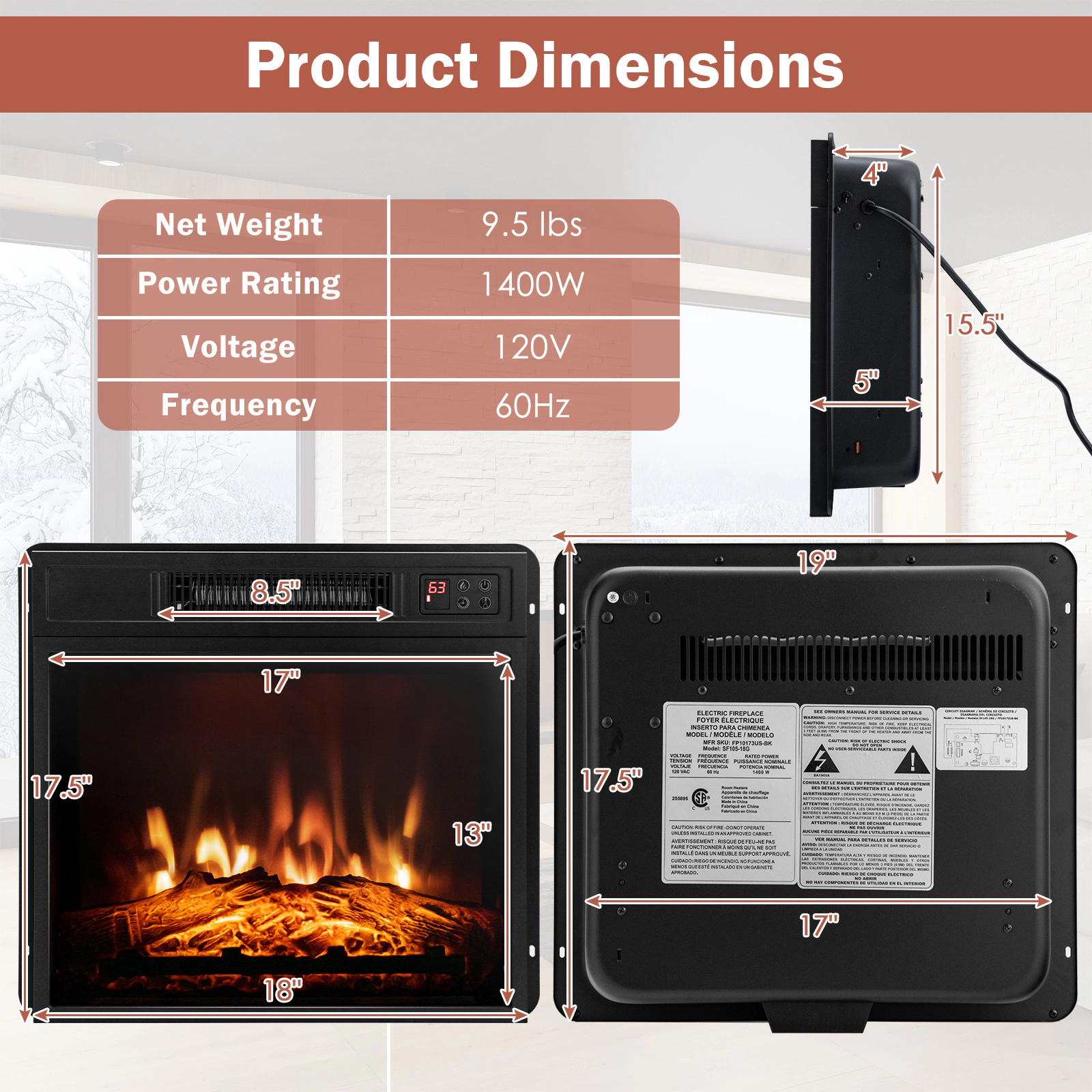 SUGIFT 3-Level LED Flame Electric Fireplace Insert 19-in Firebox 18 x 17-in Front Panel 1400-Watt 5000-BTU Black