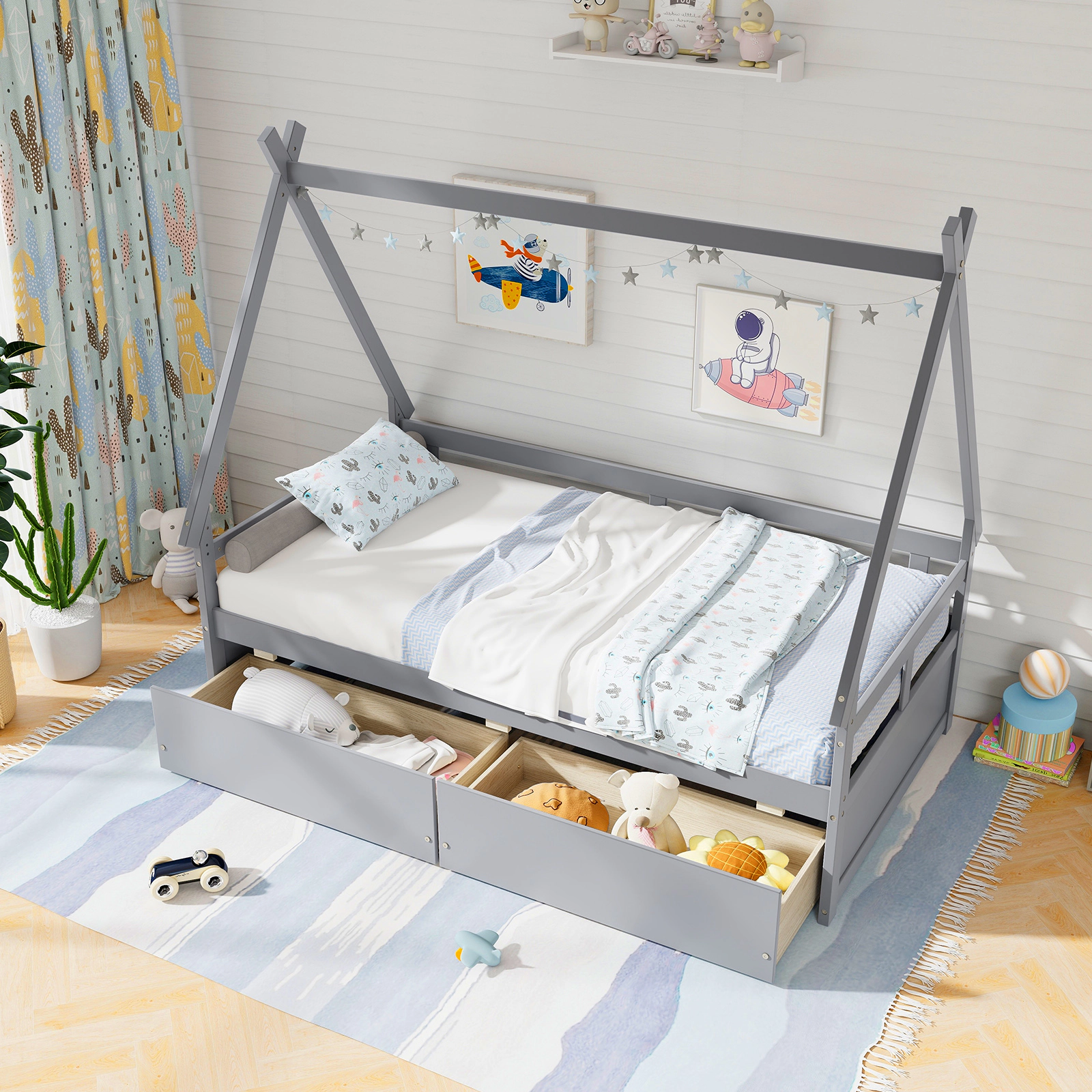 SUGIFT Roof Safety Guardrail and 2 Rolling Drawers 250-lb Twin Kids House Bed