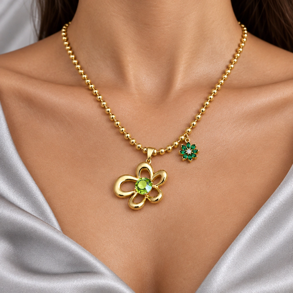 DressAtR Women’s Green Flower 18K Gold Plated Necklace