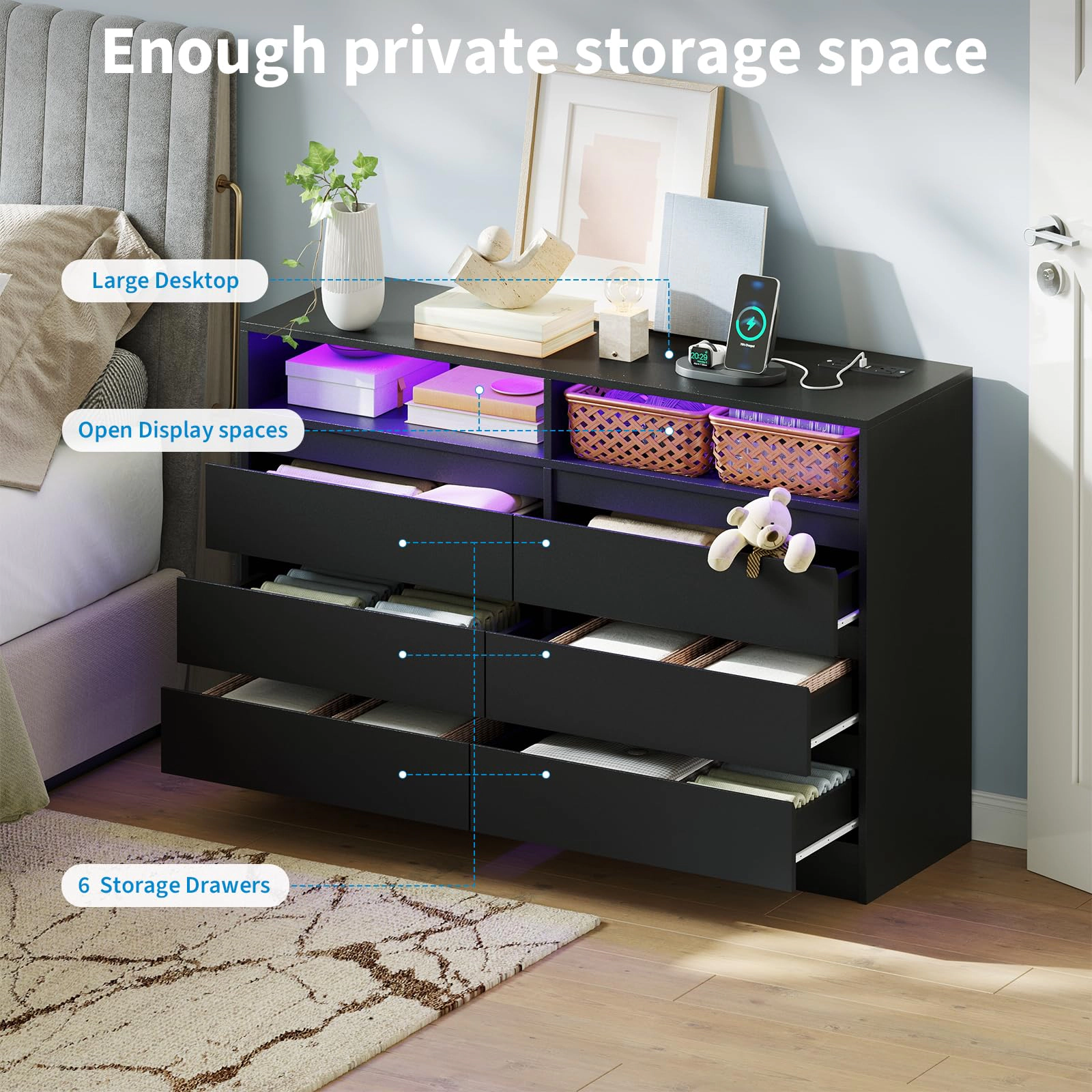 6 Drawer Dresser with Charging Station & LED Lights, Modern Chest Power Outlets for Bedroom