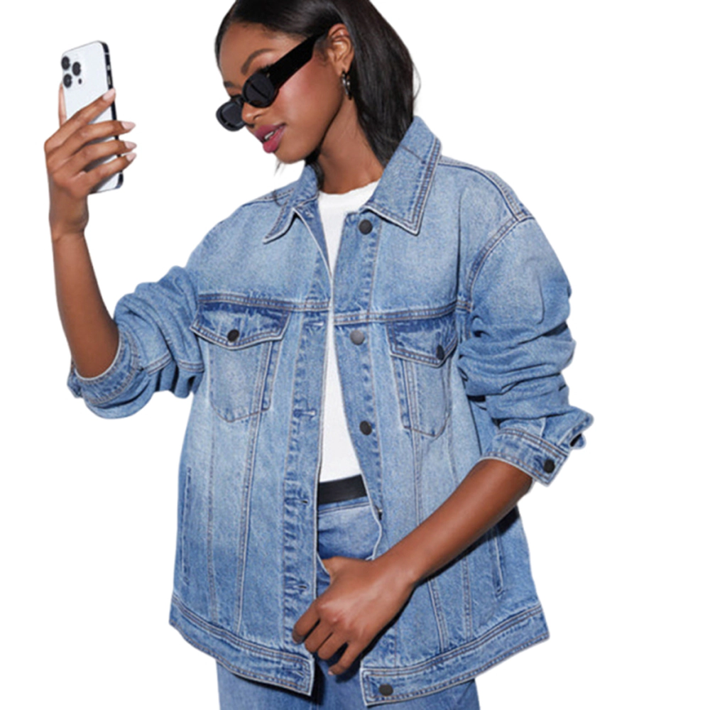 EadianDree Women Oversized Long Sleeve Denim Jacket Classic Lapel Button Down Trucker Coat