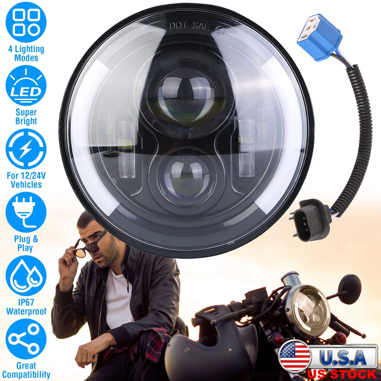 GBruno 7 In 40W Round LED Headlight With Halo DRL