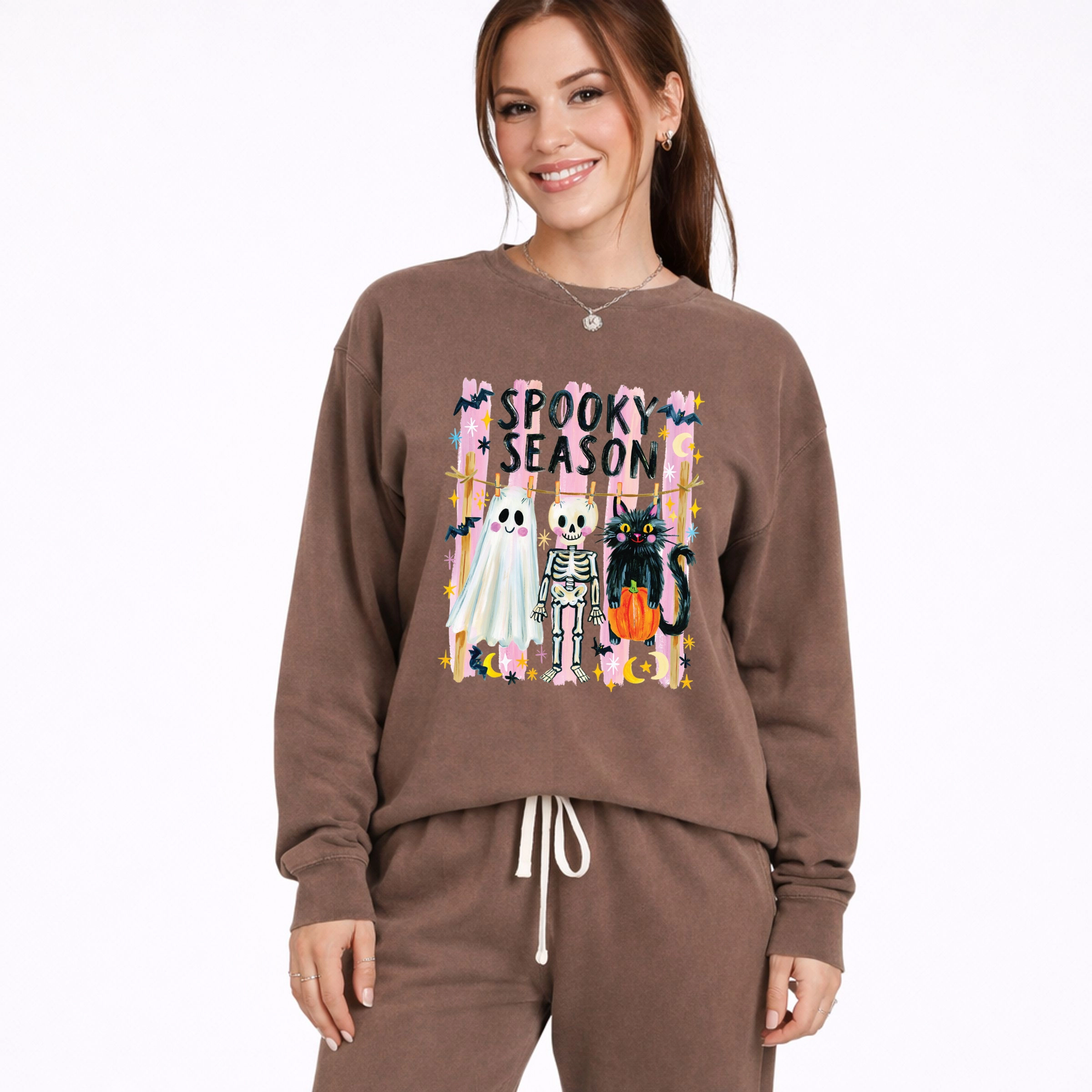 Simply Sage Market - Women's Lightweight Garment Dyed Sweatshirt Halloween Character Clothesline