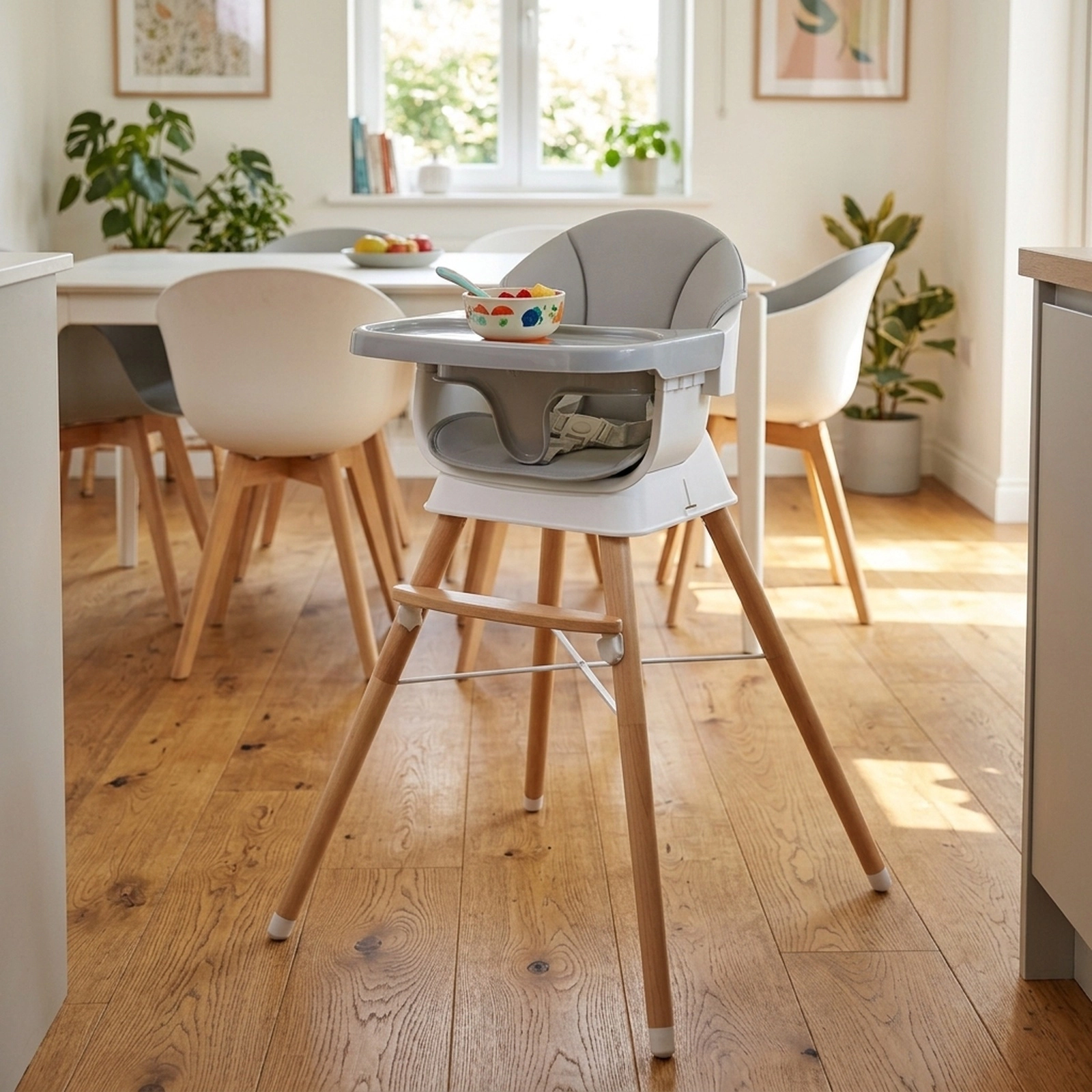 Solid Beech Wood Convertible High Chair for Babies and Toddlers 3-Position Tray Wide Footrest X-Brace Gray