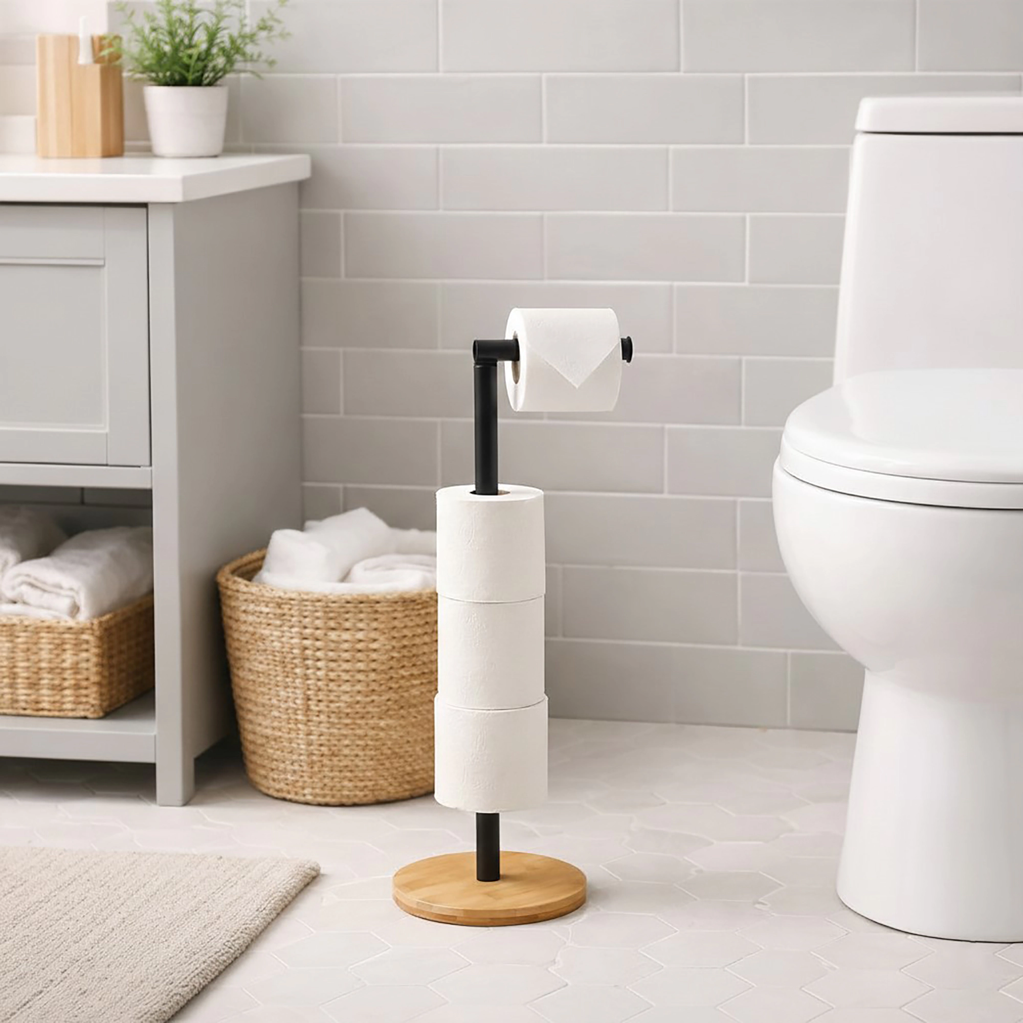 Evideco French Home Goods freestanding toilet paper stand with bamboo base, matte black swivel arm, 21.5 in