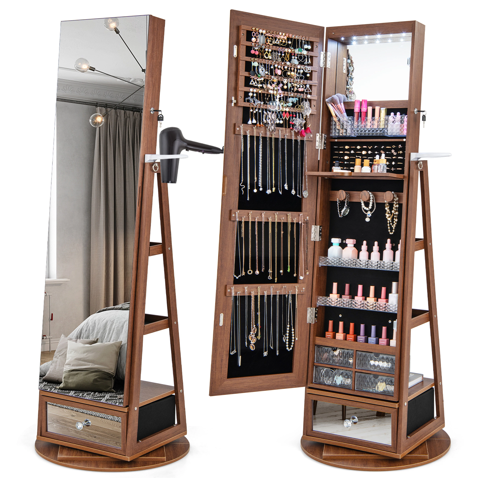 SUGIFT Walnut 360-Degree Swivel Lockable Jewelry Cabinet with Full-Length Mirror LED Lights and Dryer Holder