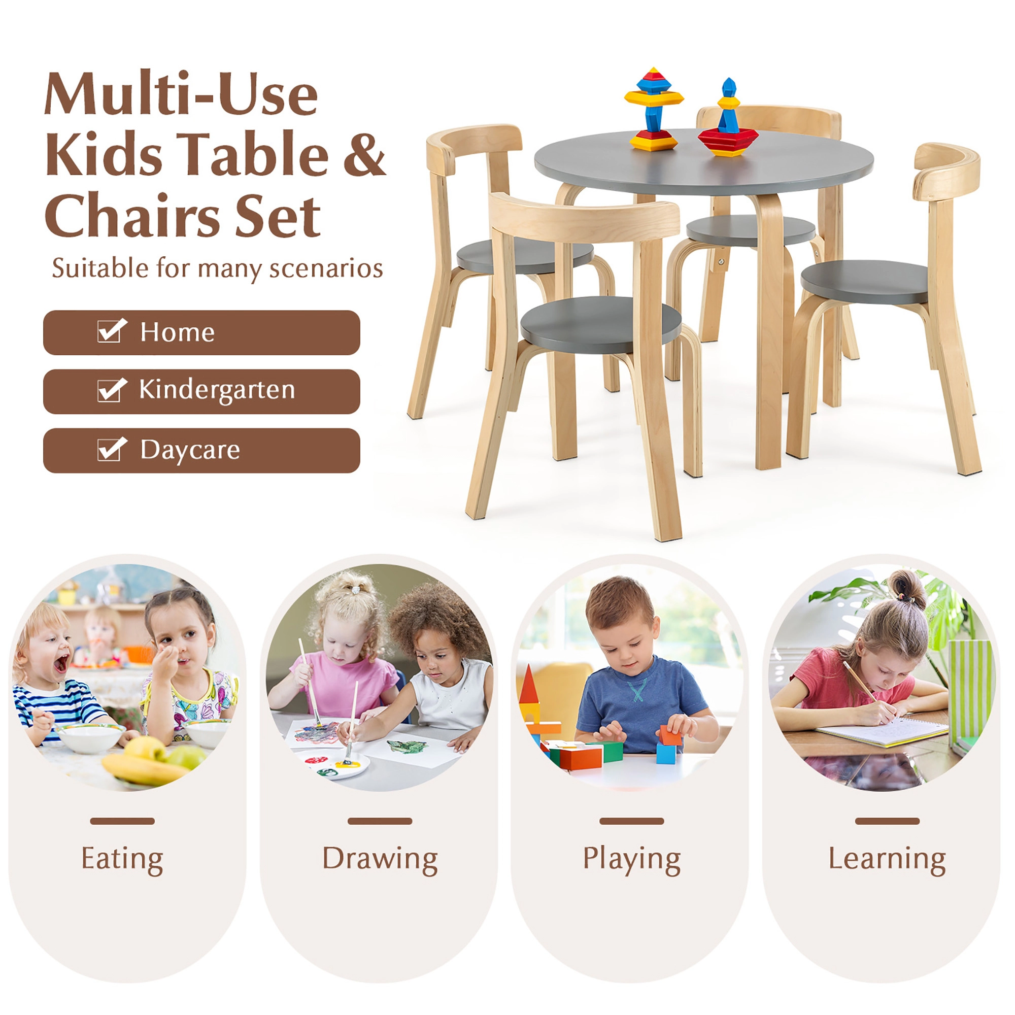 SUGIFT Gray Curved Back Chairs and Toy Bricks 5 Piece Kids Table and Chair Set