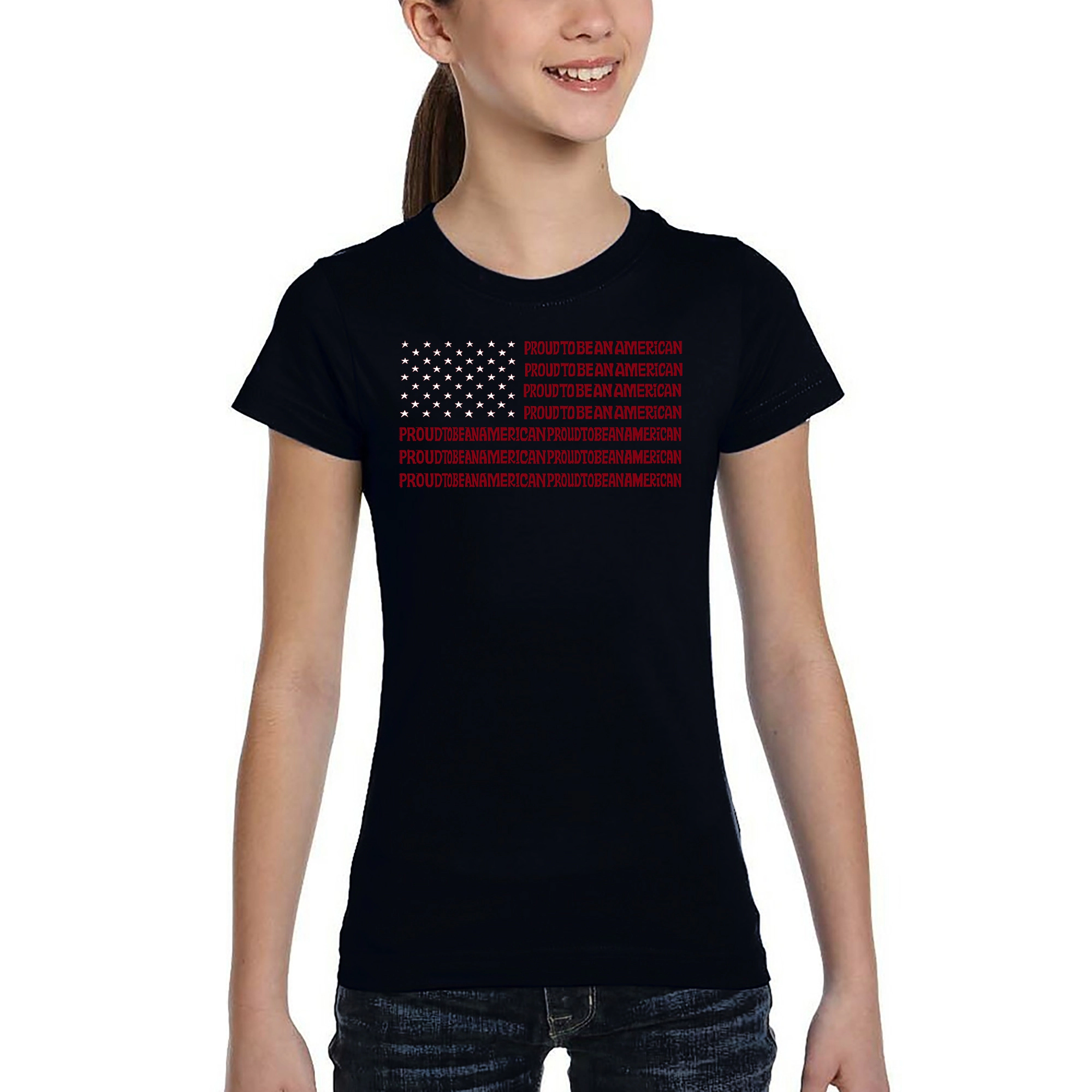 LA Pop Art Girls Word T-Shirt - Proud To Be An American