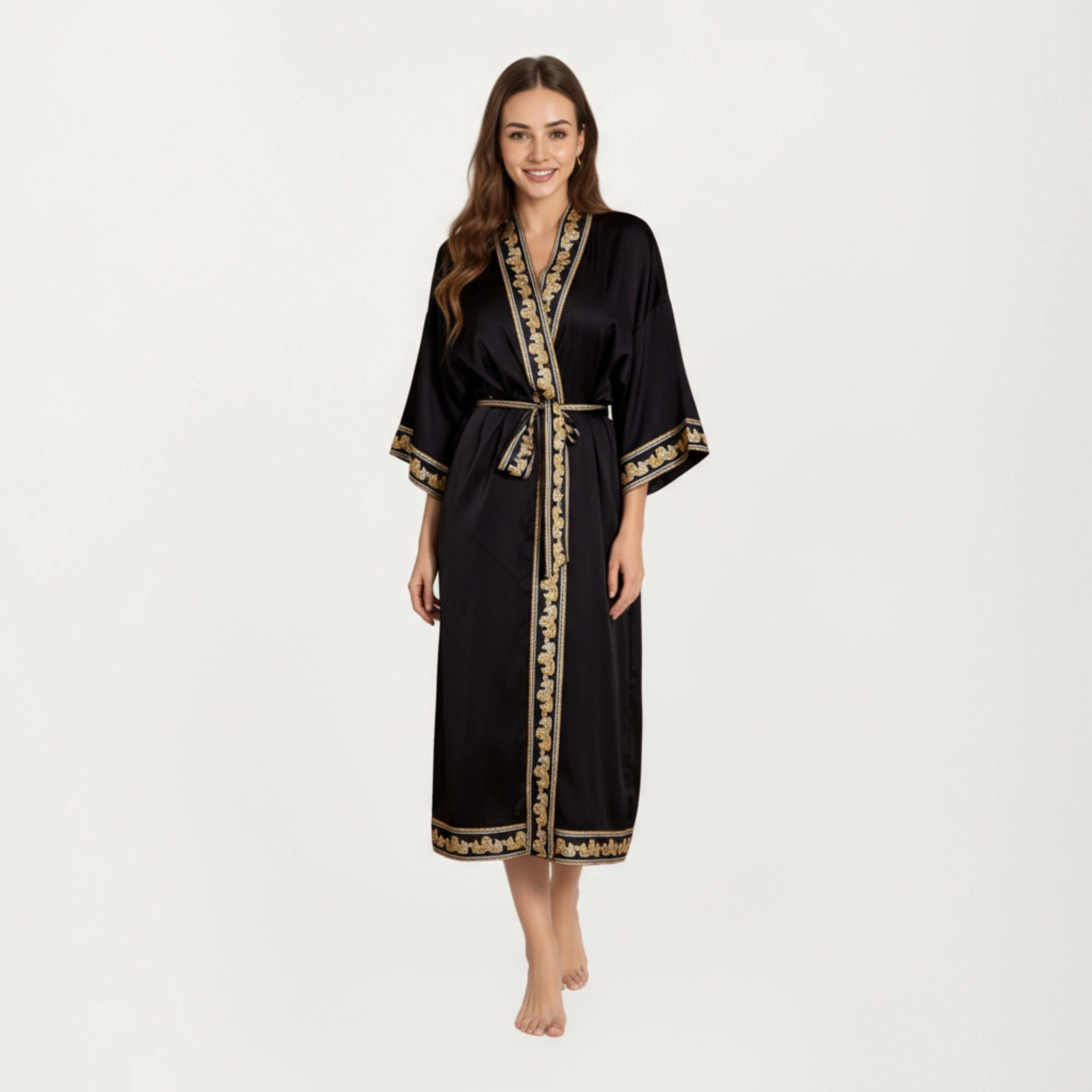 Anna-Kaci Women's Satin Long Robe with Embroidered Trim and Wide Sleeves