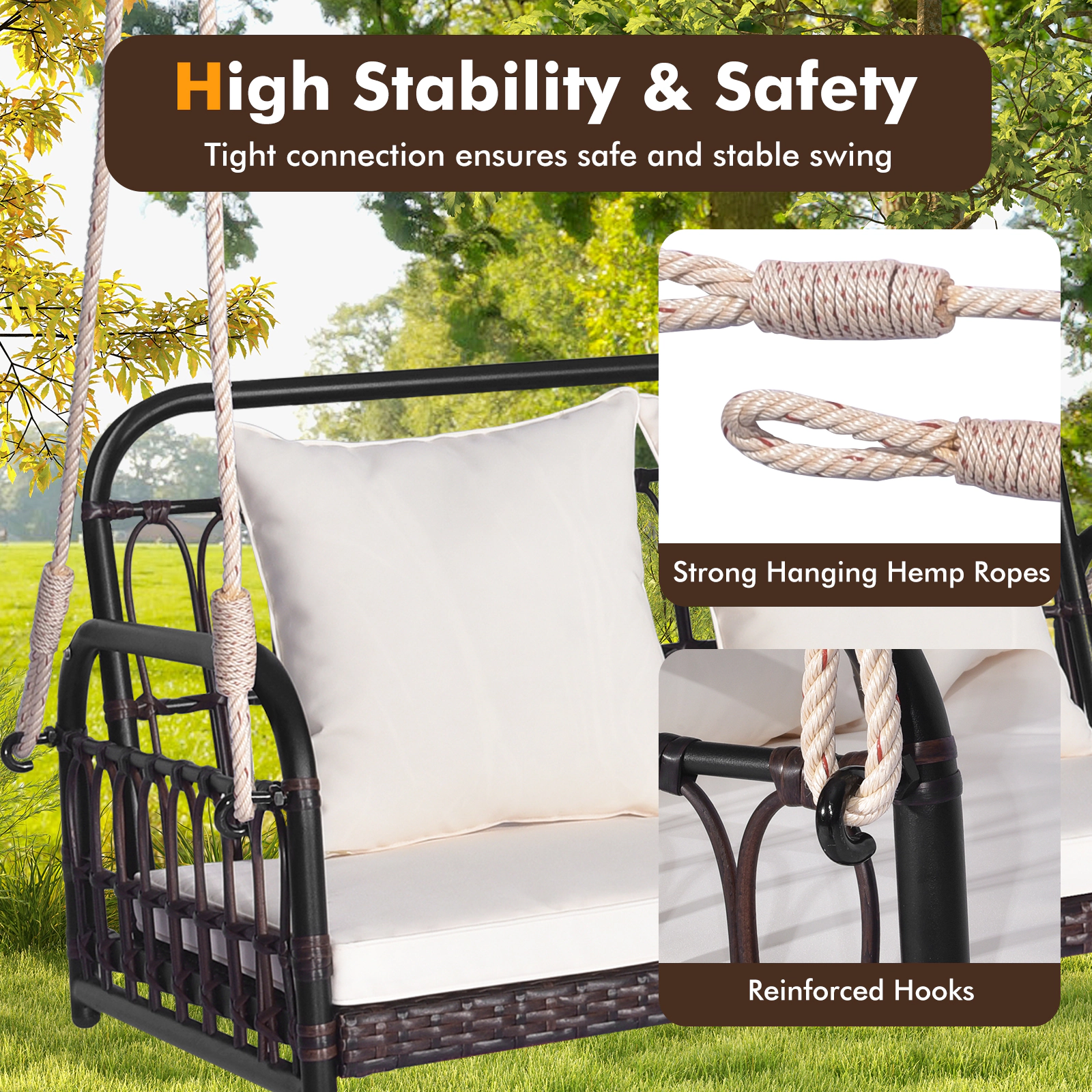 SUGIFT White Seat Cushion and 2 Throw Pillows 880-lb Wicker Hanging Porch Swing