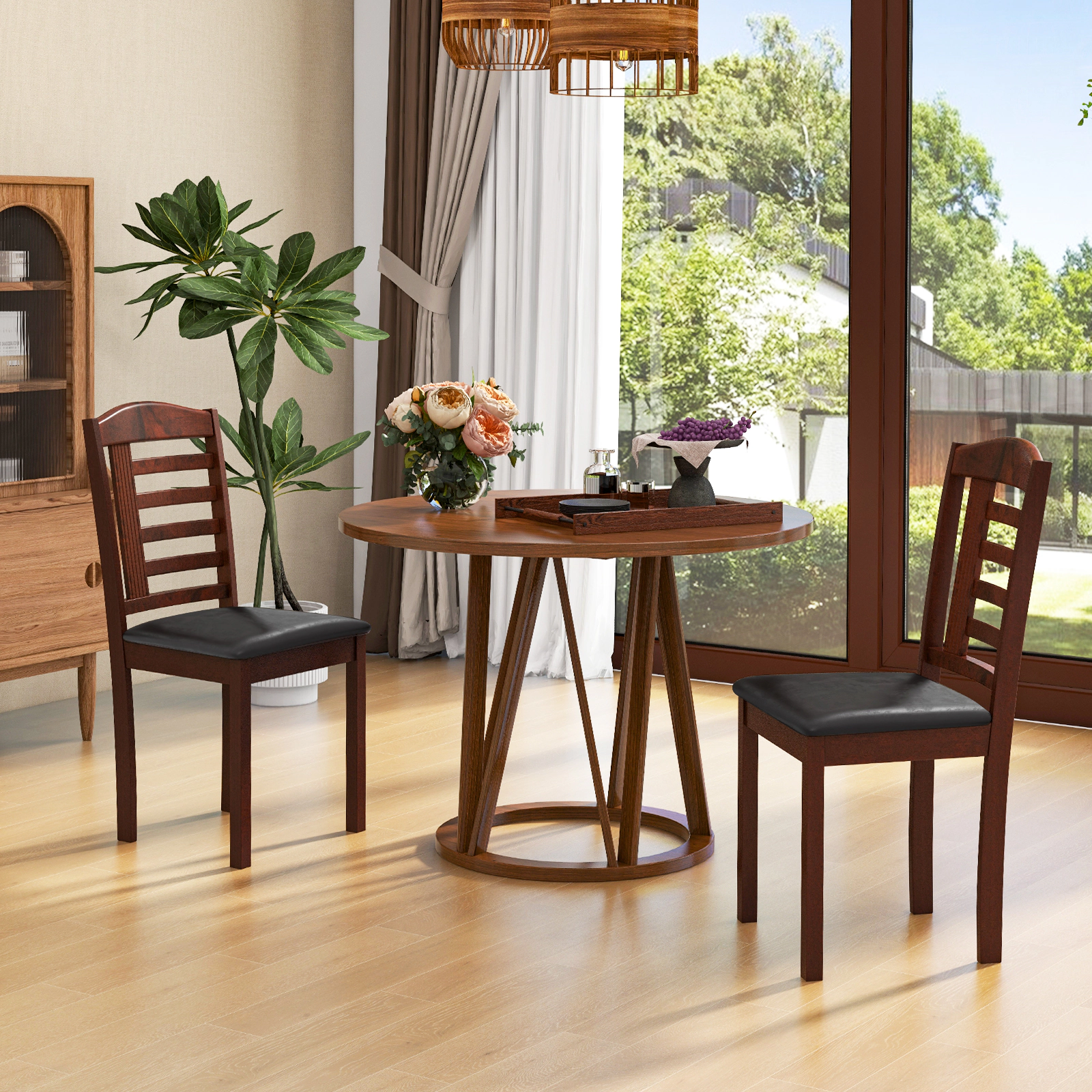 SUGIFT Set of 2 Beige Faux Leather Wood Dining Chairs, Arch Top, Tilted Back
