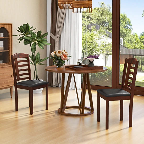 SUGIFT Set of 2 Beige Faux Leather Wood Dining Chairs, Arch Top, Tilted Back