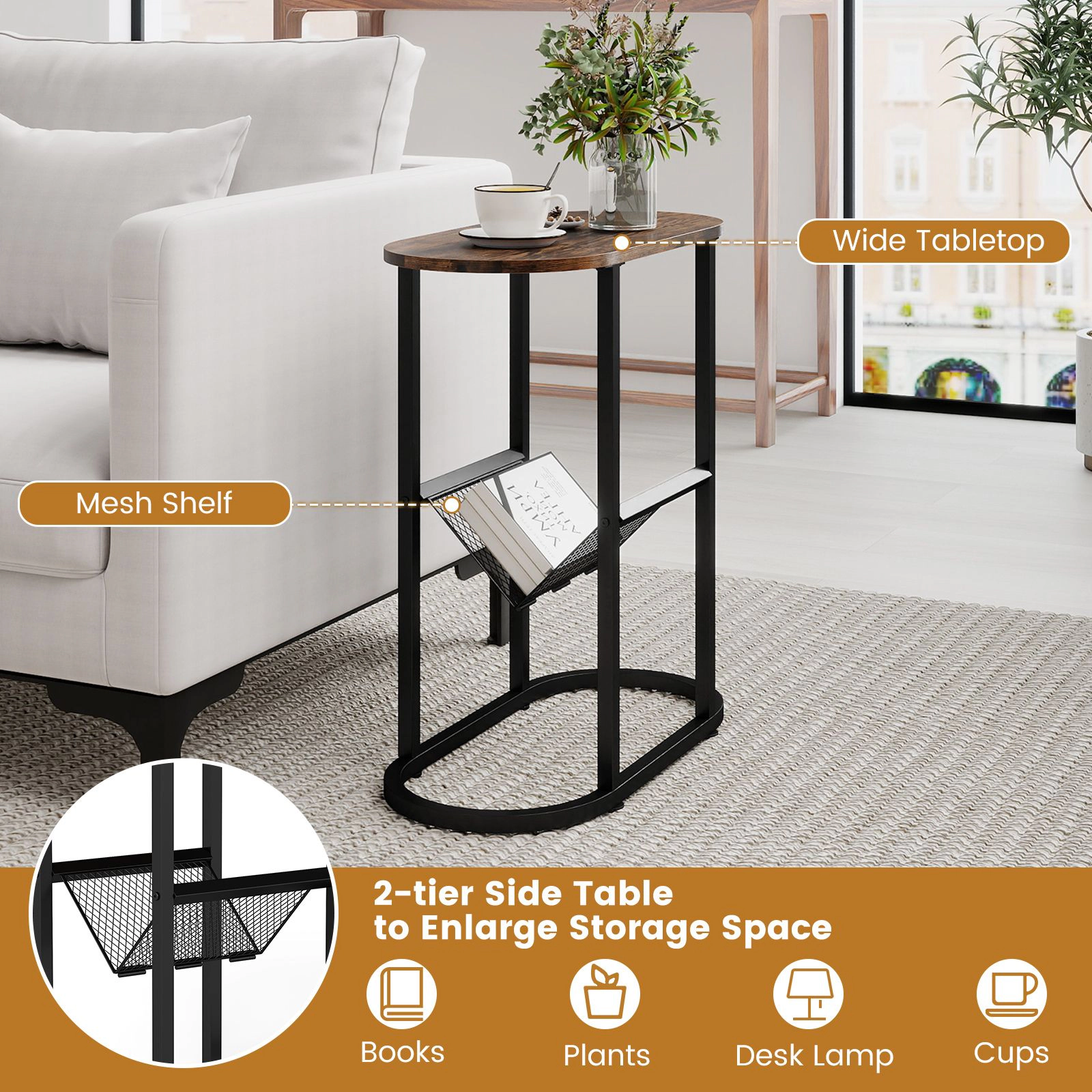 SlickBlue 2-Tier Narrow Side Table with Mesh Storage Shelf