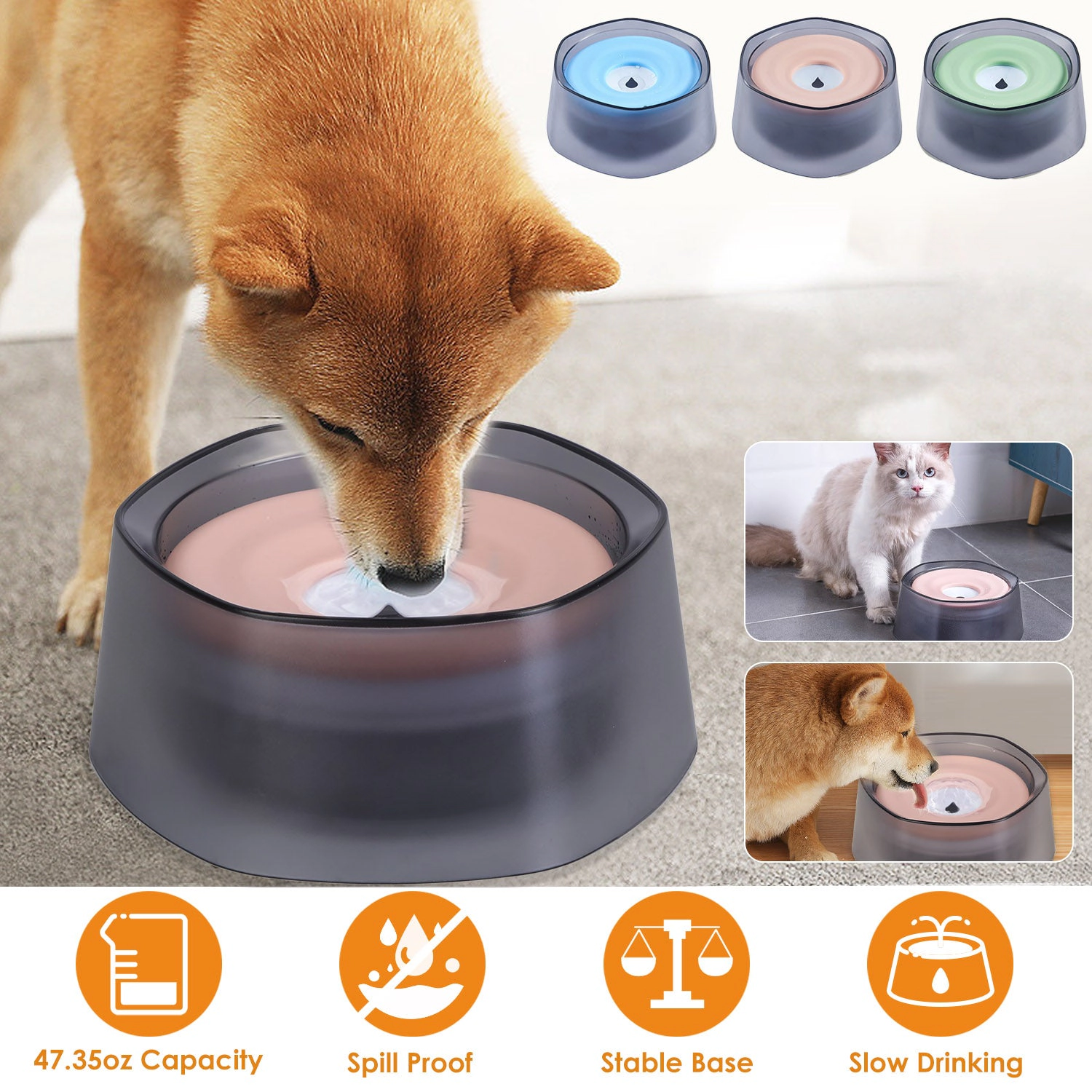 GBruno No-Spill Slow Water Feeder Pet Bowl 47oz