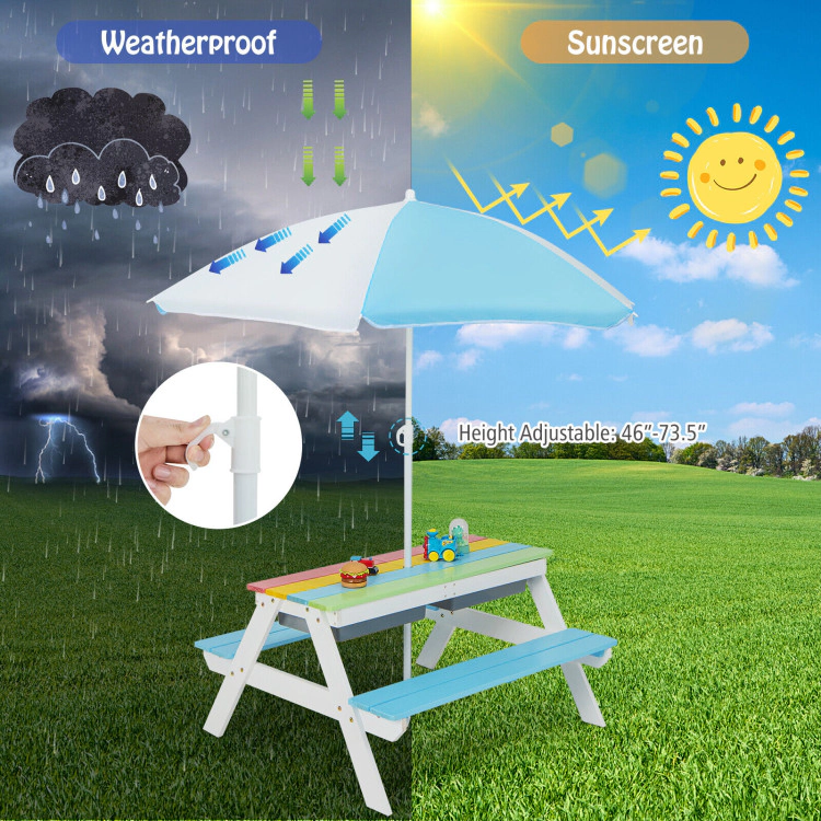 Hivvago 3-In-1 Kids Outdoor Picnic Water Sand Table With Removable Umbrella And Boxes-Coffee