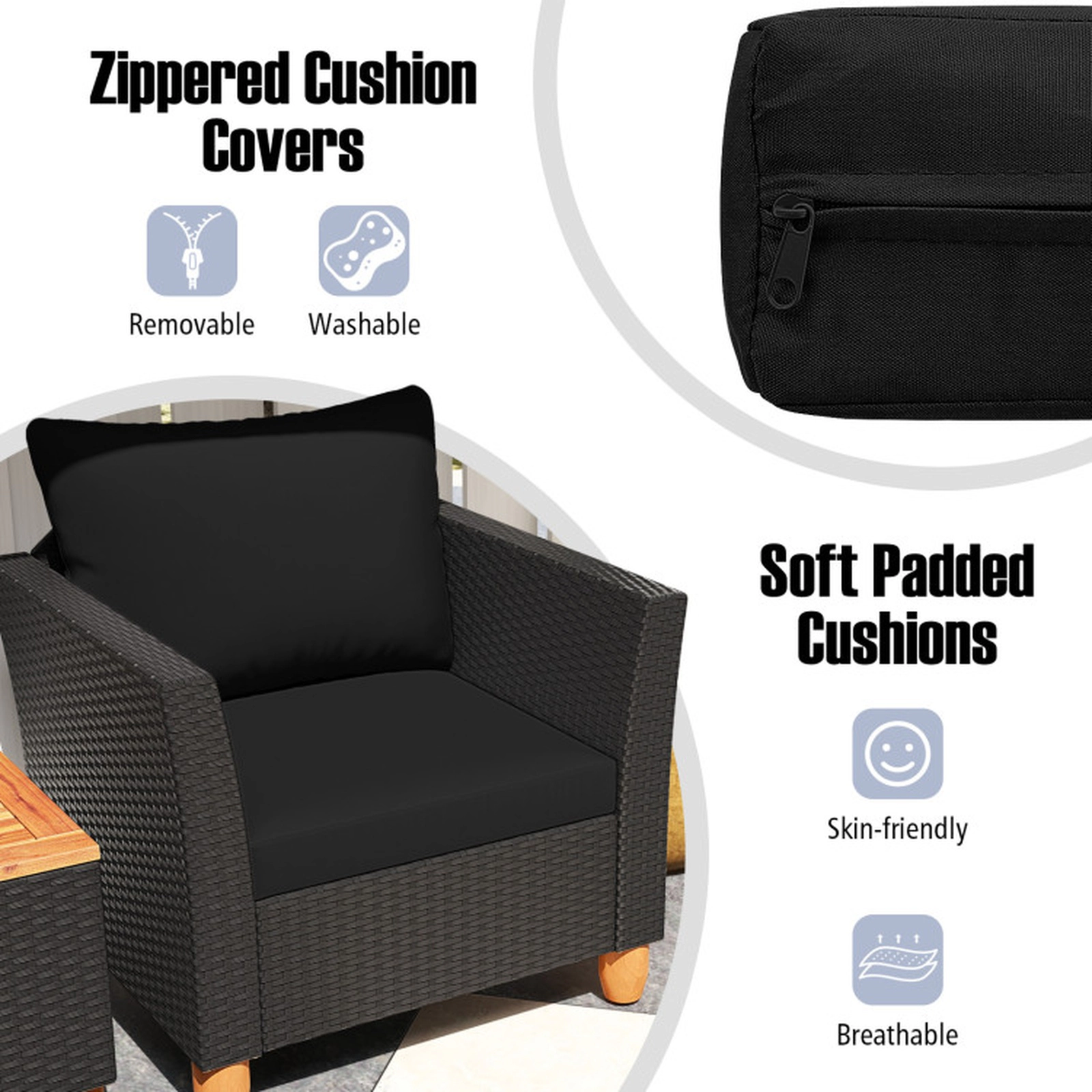 SUGIFT Black Acacia Wood Table and Hidden Storage 3-Piece Outdoor Rattan Sofa Set