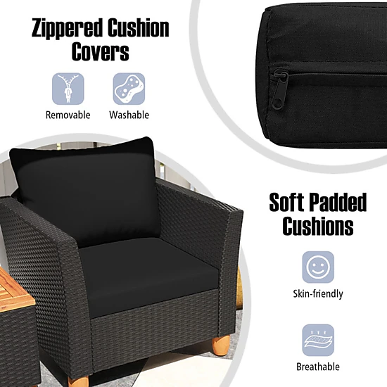 SUGIFT 3-Piece Black Patio Furniture Set with Rattan Sofas and Hidden Storage Acacia Table 400-lb Per Chair