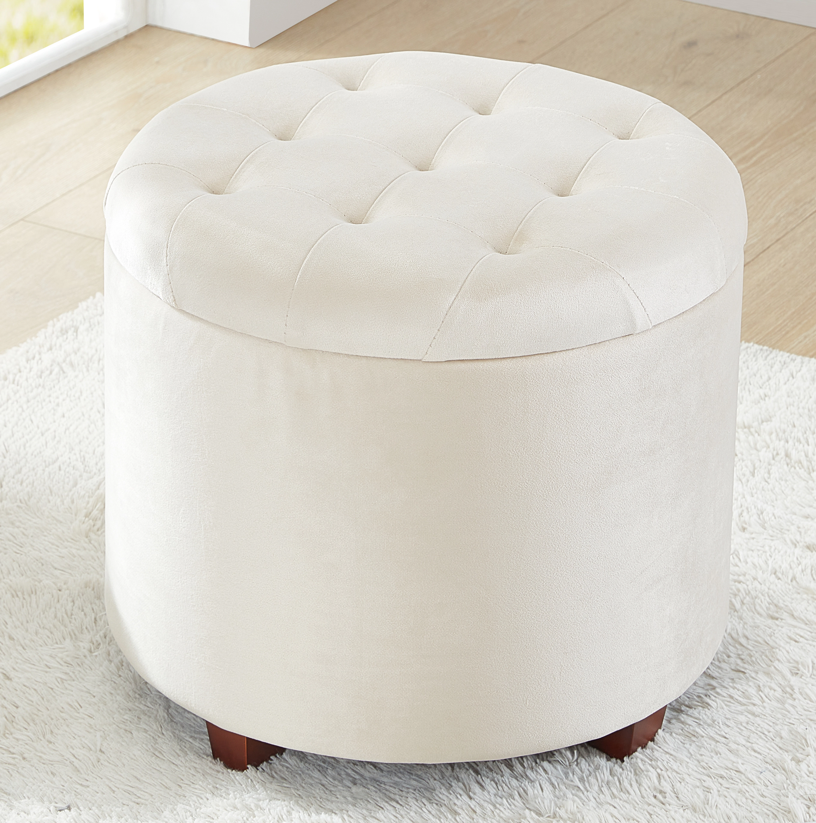 Ornavo Home Velvet Upholstered Round Tufted Storage Ottoman with Wooden Legs