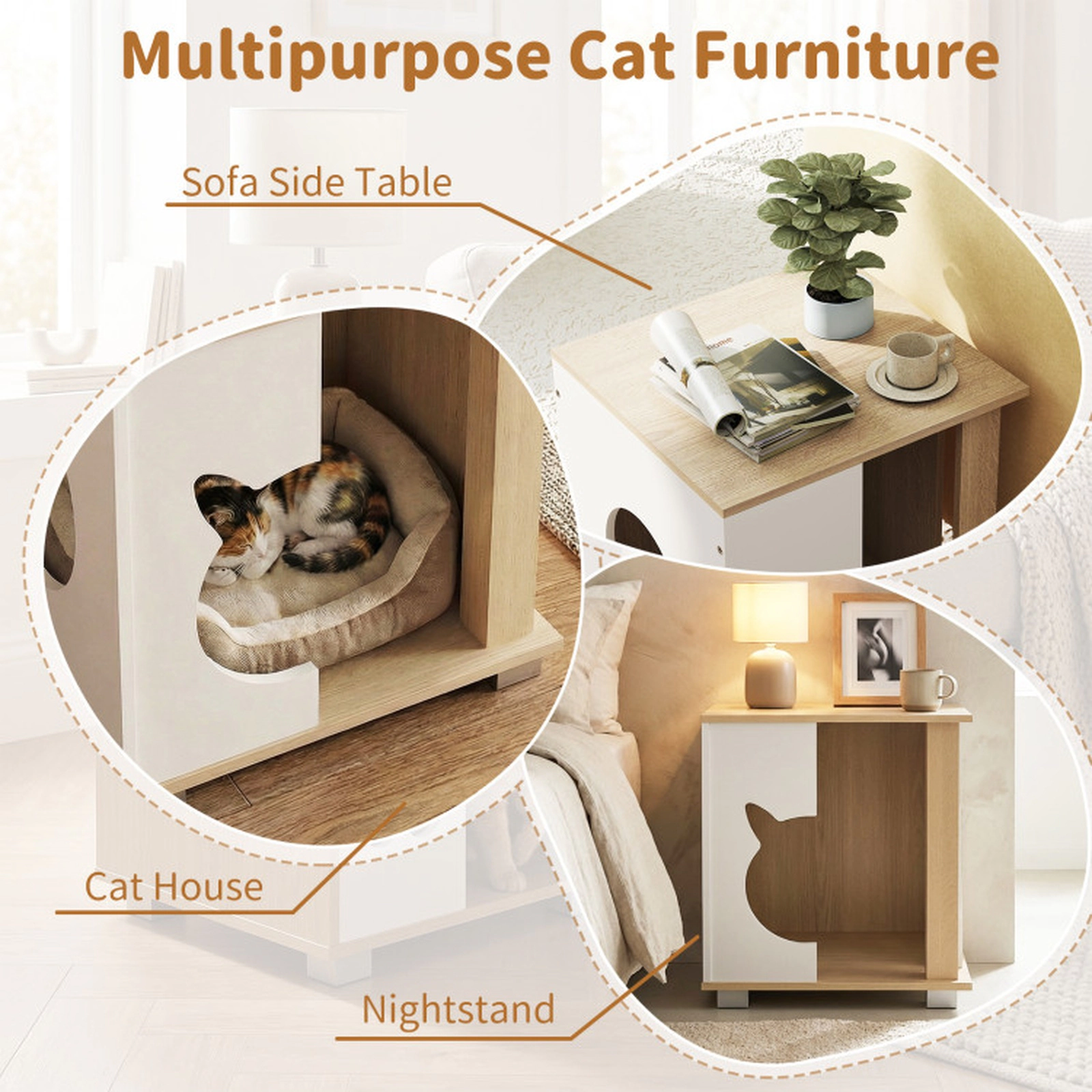 SUGIFT 44-lb Capacity Wooden Semi-Enclosed Cat Bed Side Table with Cat Head Entry and Metal Legs