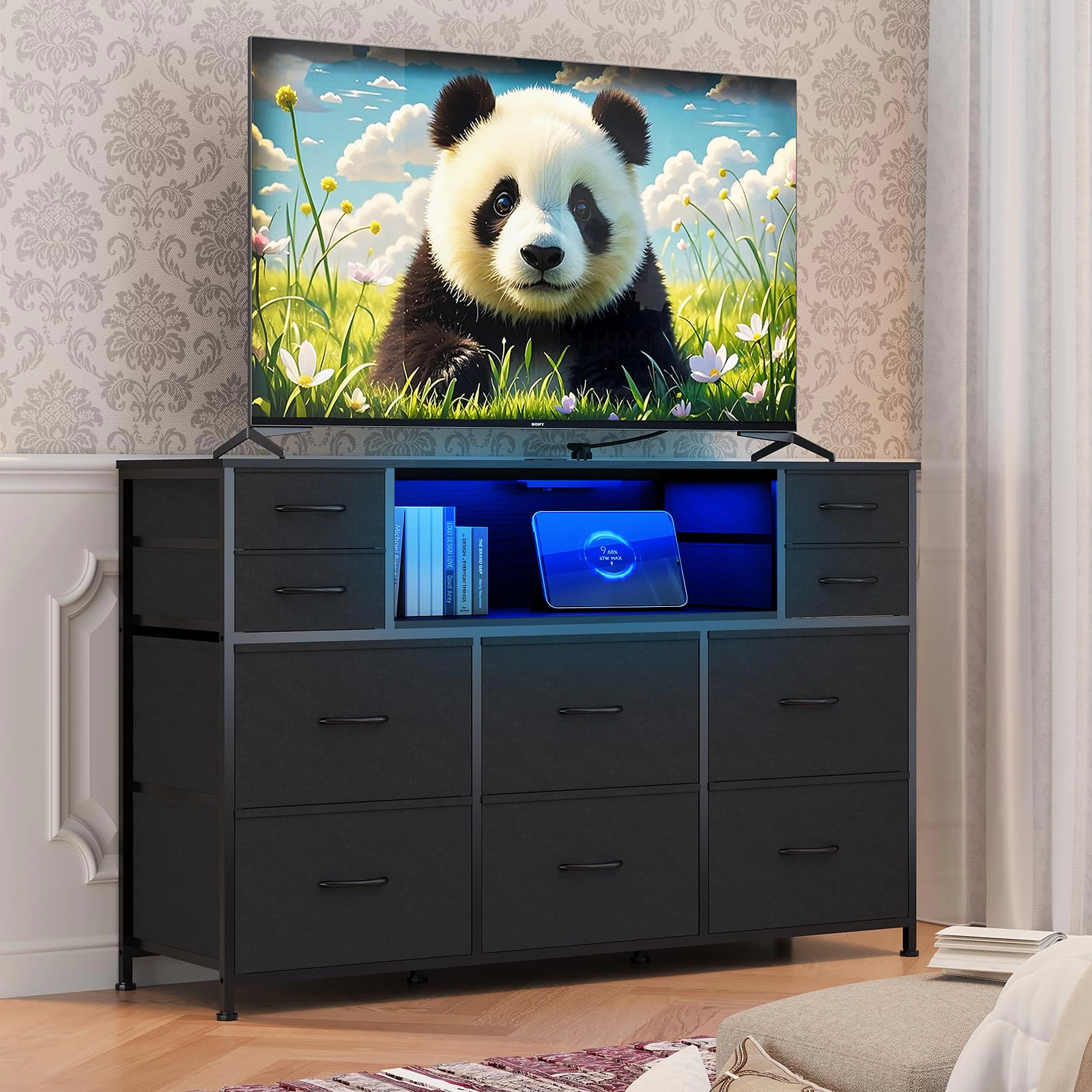 10 Drawer Fabric Dresser, TV Stand with RGB LED Lights & Power Outlet for 45"-55"