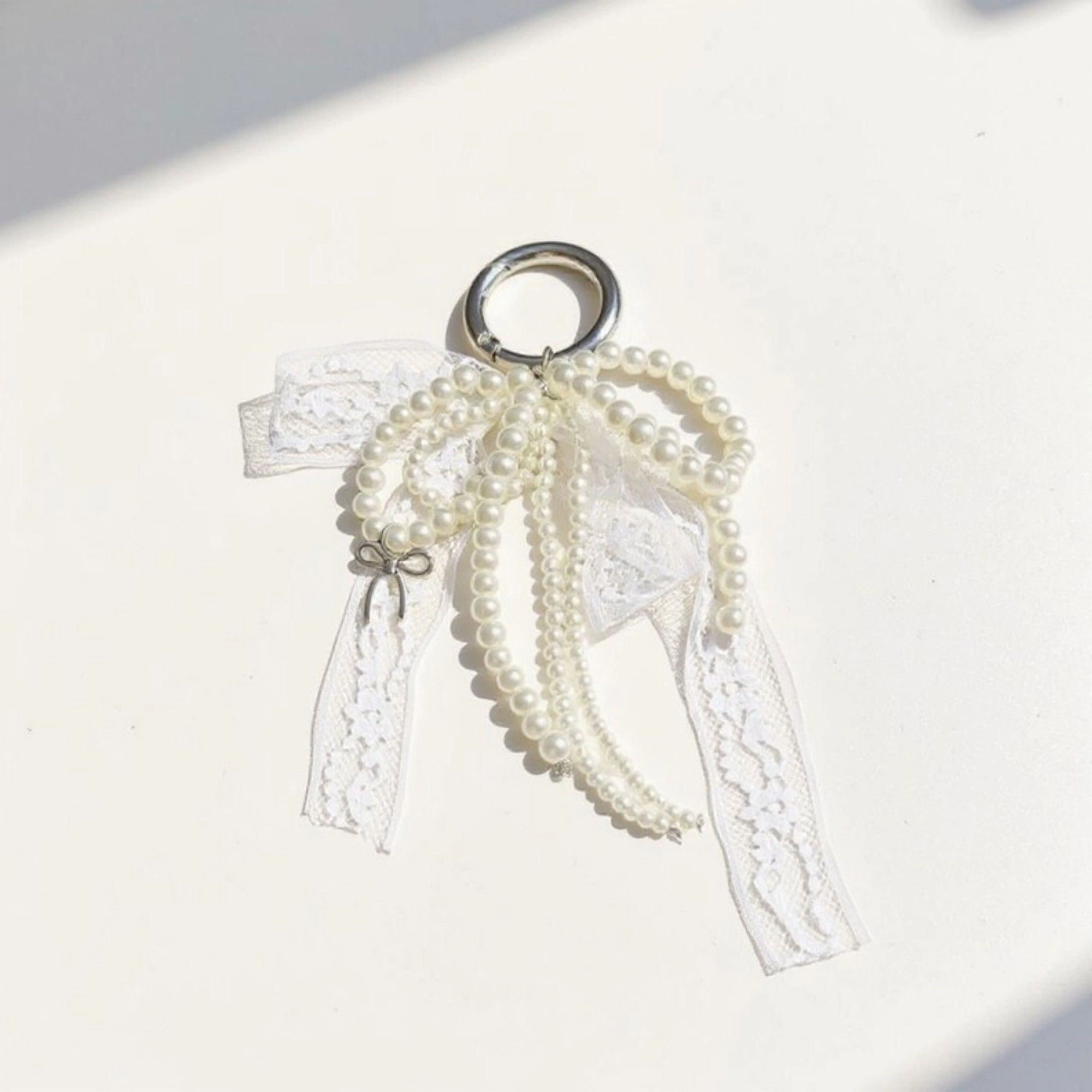 Alilang Women's Pearl and Lace Bow Keychain with Silver Ring and Charm Accent