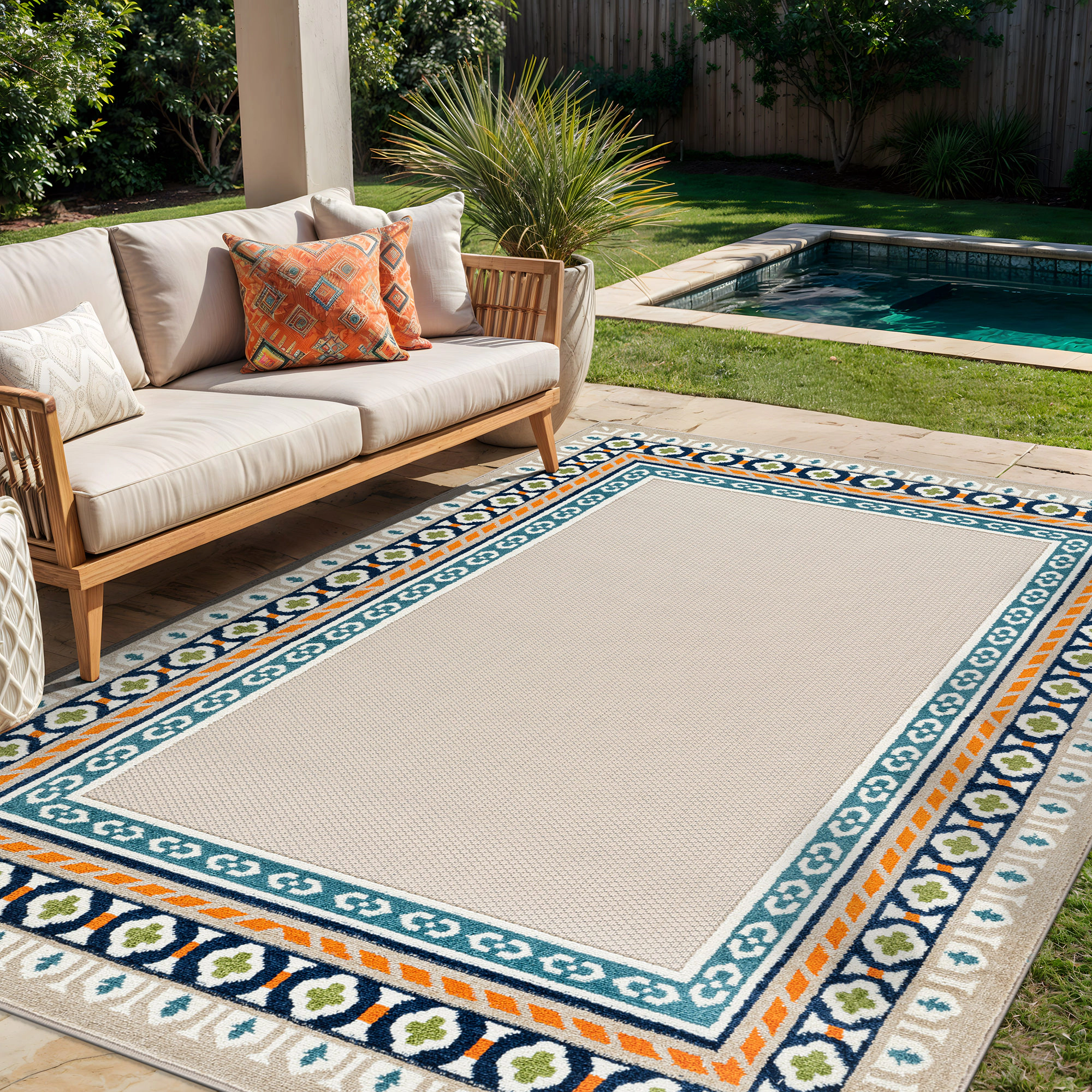 World Rug Gallery Indoor/Outdoor High-Low Textured Area Rug, Coastal Border, Easy-Clean
