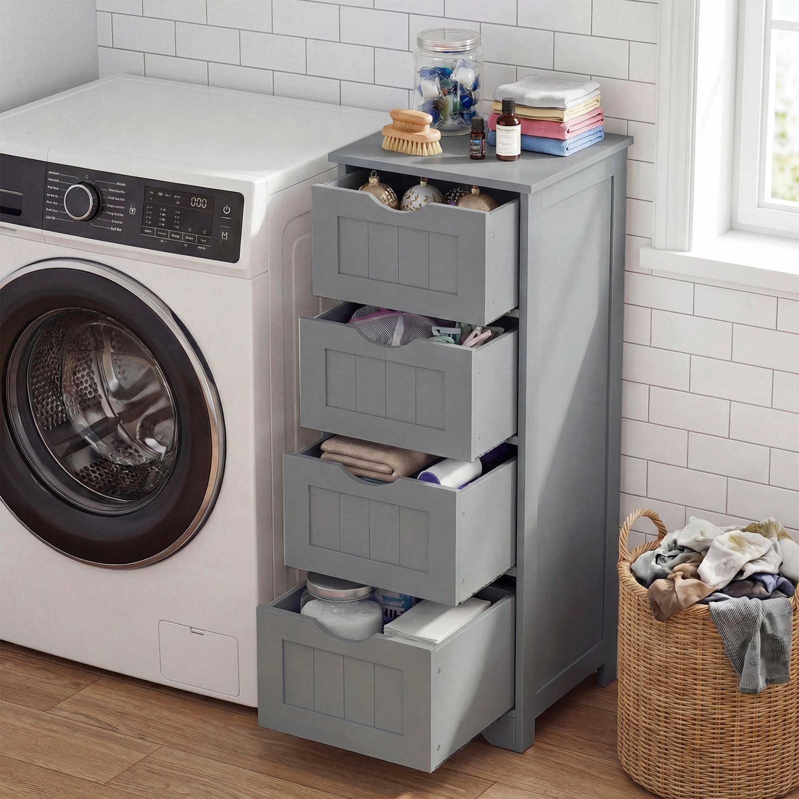 SlickBlue Narrow Bathroom Floor Cabinet with 4 Drawers, Gray