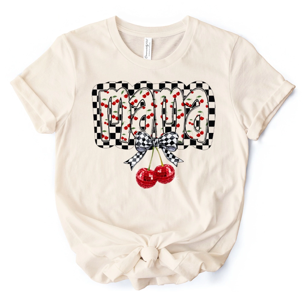 OrnamentallyYou Womens Checkered Cherry Disco Mama T-Shirt