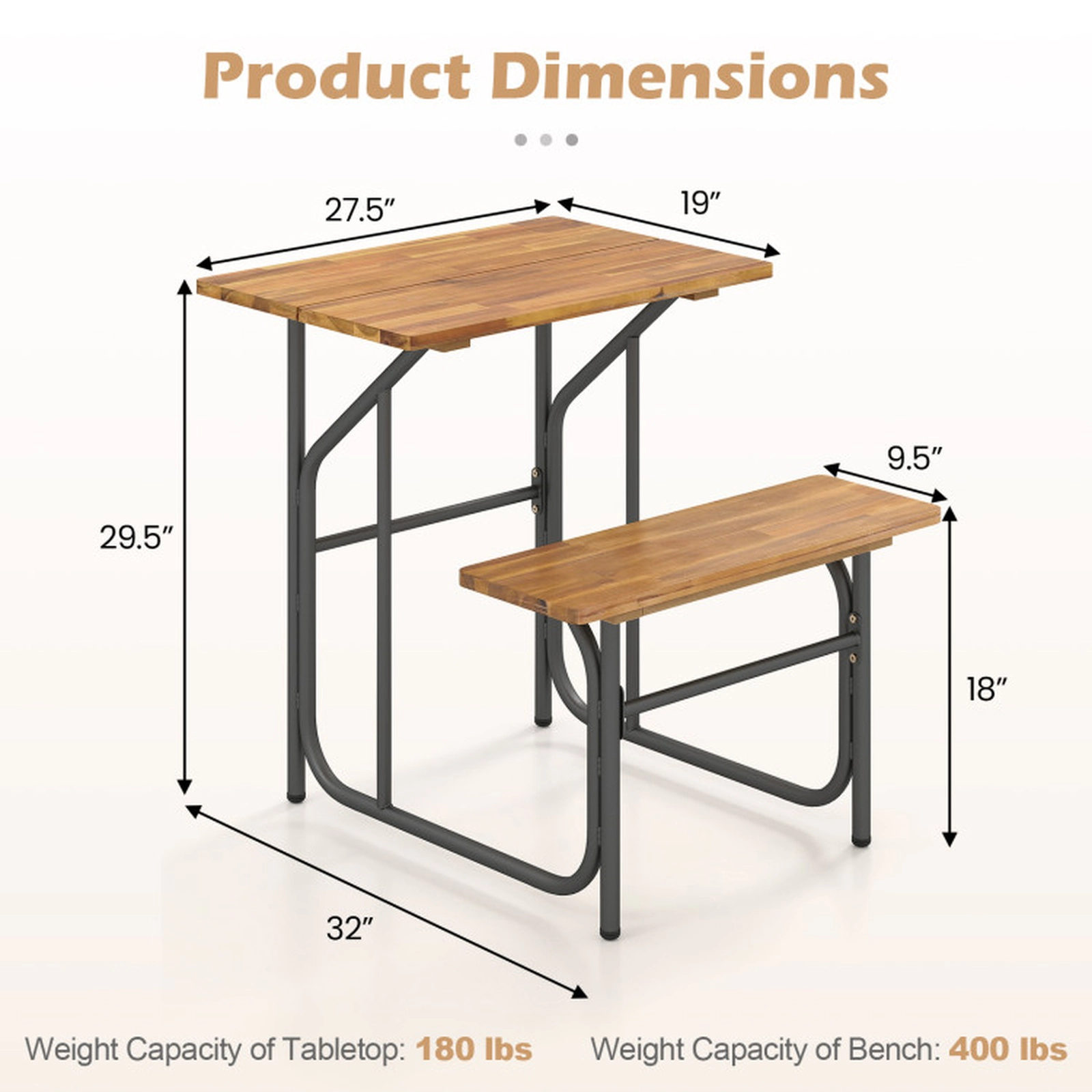 SUGIFT Single-Side Acacia Wood Patio Table and Bench Set 180-lb Tabletop 400-lb Bench Black + Natural