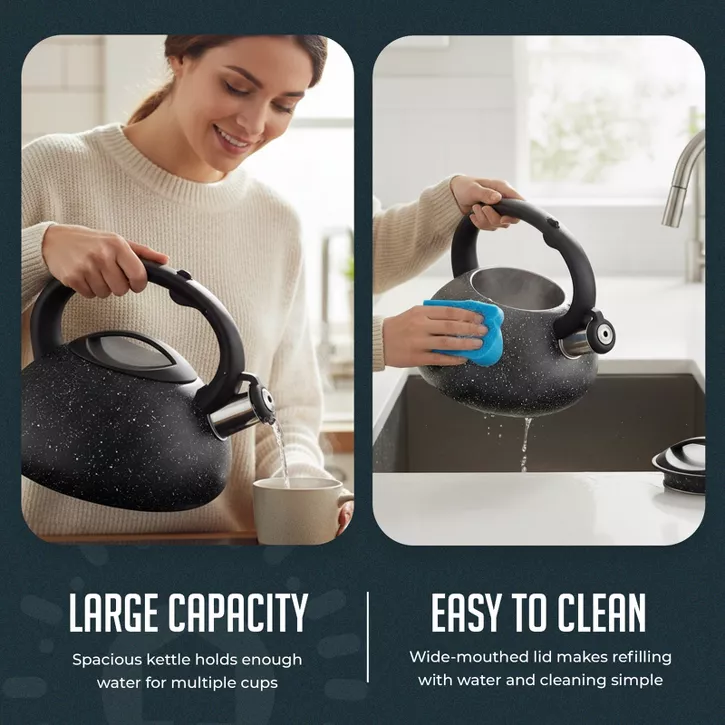 Luminuxe Stainless Steel Whistling Tea Kettle, 2.4qt Fast Boil Pot with Heat Resistant Handle, Tapered Marble Finish