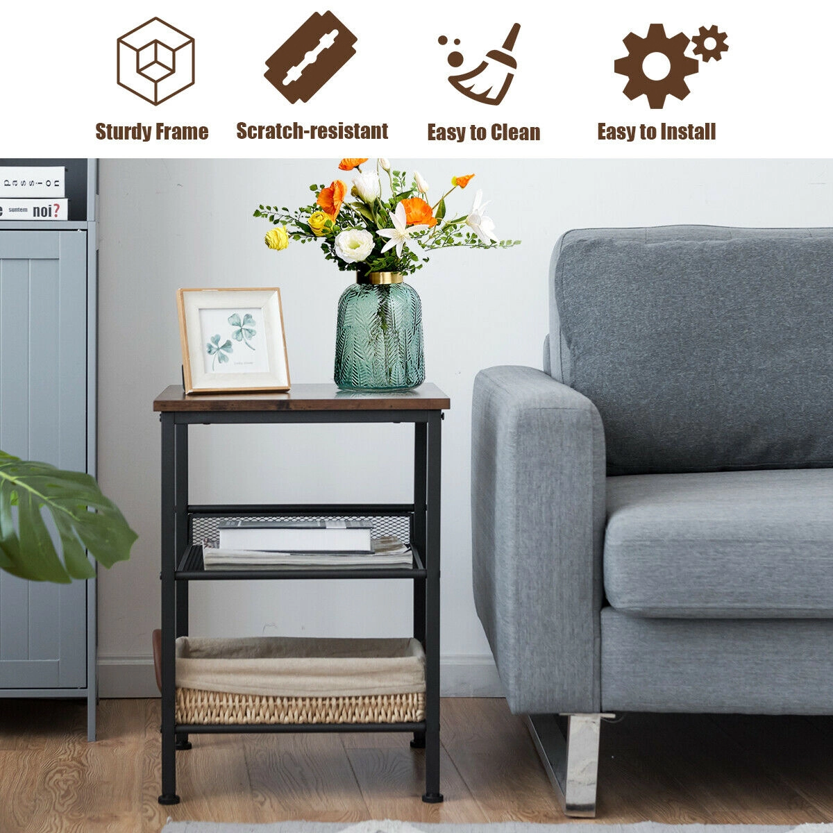 Slickblue Industrial End Table 16 Inch Rustic Wood Look Top Metal Frame Shelves