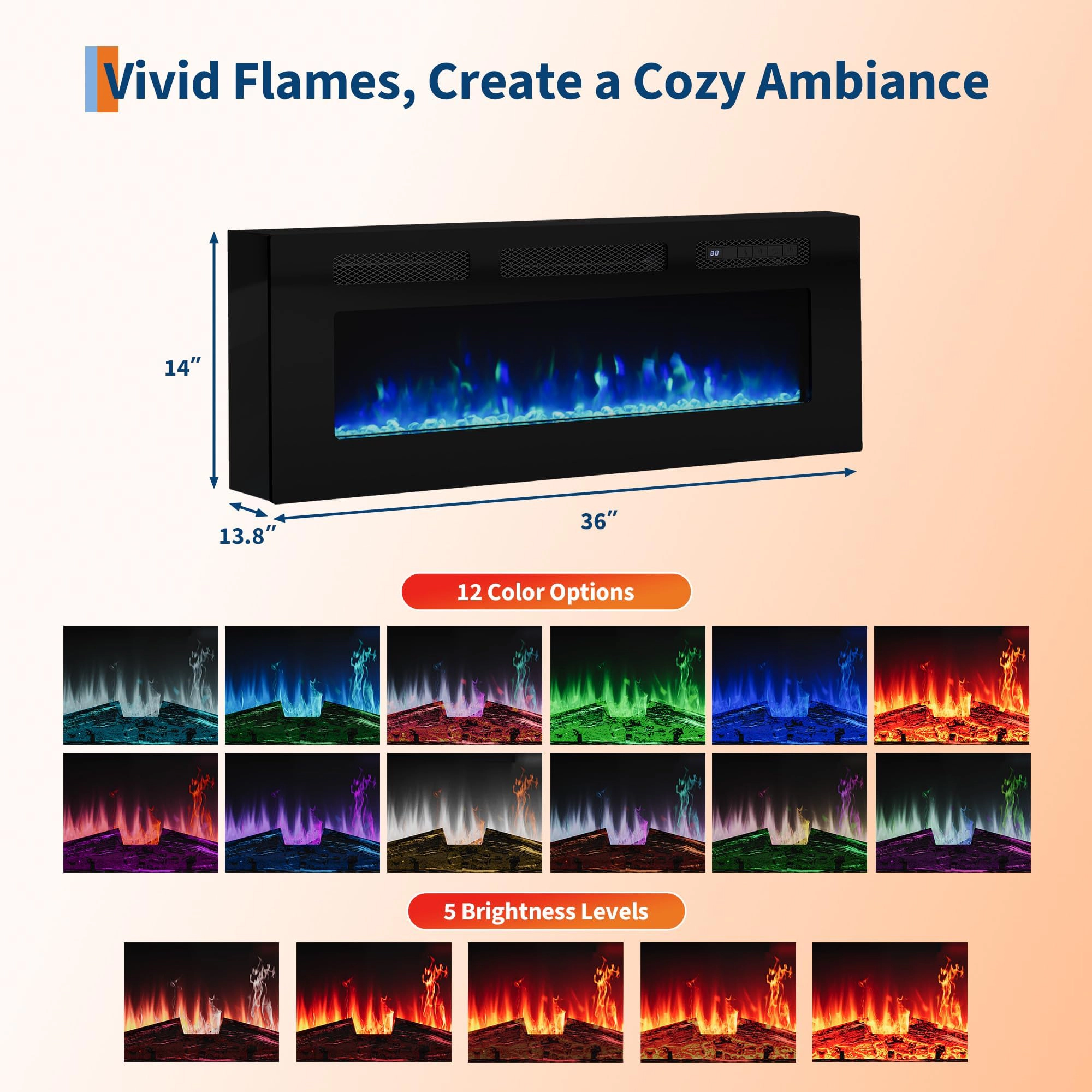BebreezChic 70" Fireplace TV Stand with 36" Electric Fireplace, Entertainment Center with 12 Colors LED Lights
