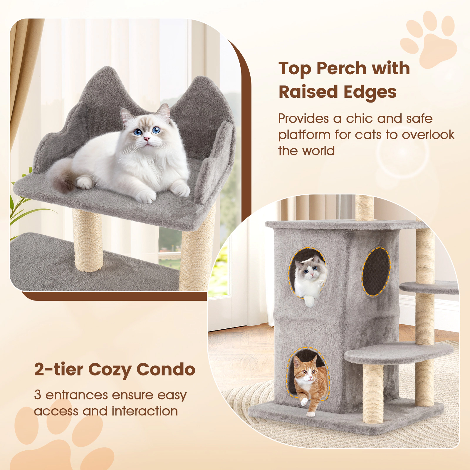 SUGIFT 48.5-in Gray Multi-Level Cat Tree for Large Cats with 2-Story Condo 3 Caves and Sisal Posts