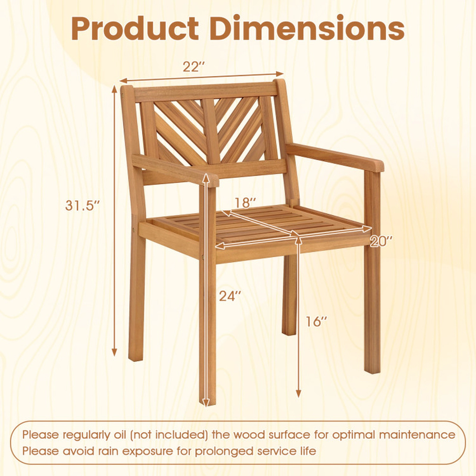 SUGIFT Set of 4 400-lb Capacity Teak Acacia Wood Outdoor Dining Chairs with Slatted Back and Armrests