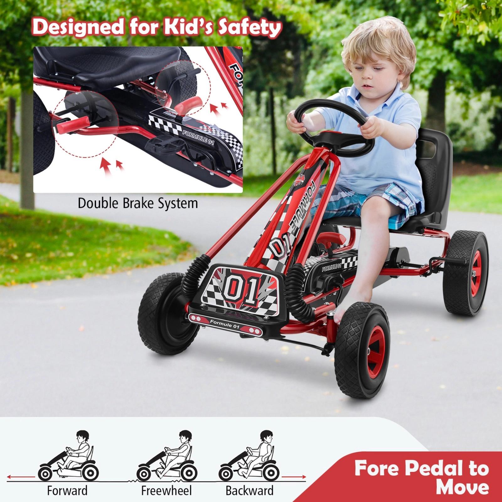 4-Wheel Pedal Go Kart for Ages 3-8 with Low Seat High Backrest and 3-Point Steering Wheel Indoor Outdoor Racer Pedal Car