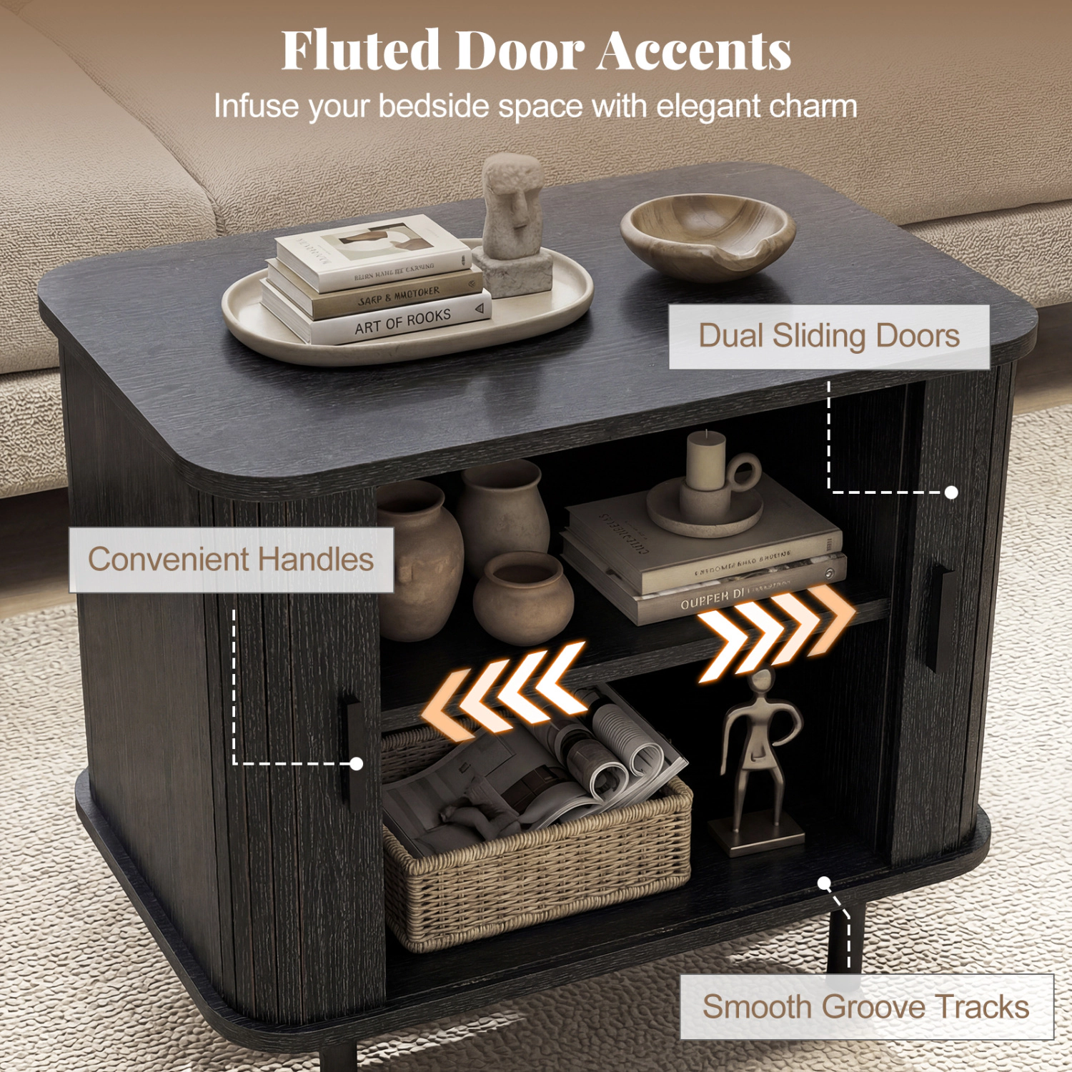 Hivvago End Table Modern Mid Century Nightstand With Sliding Tambour Doors And Storage Shelf