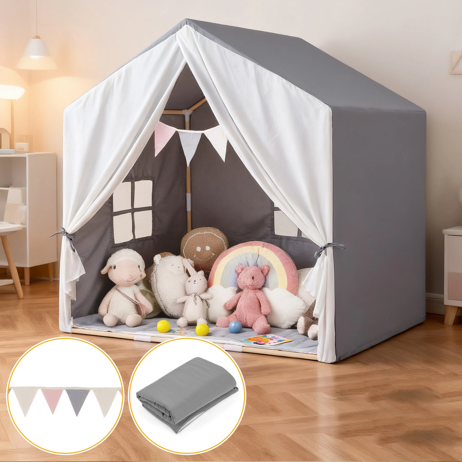 SUGIFT Washable Cotton Mat and Flag Banner Pine Wood Kids Play Tent