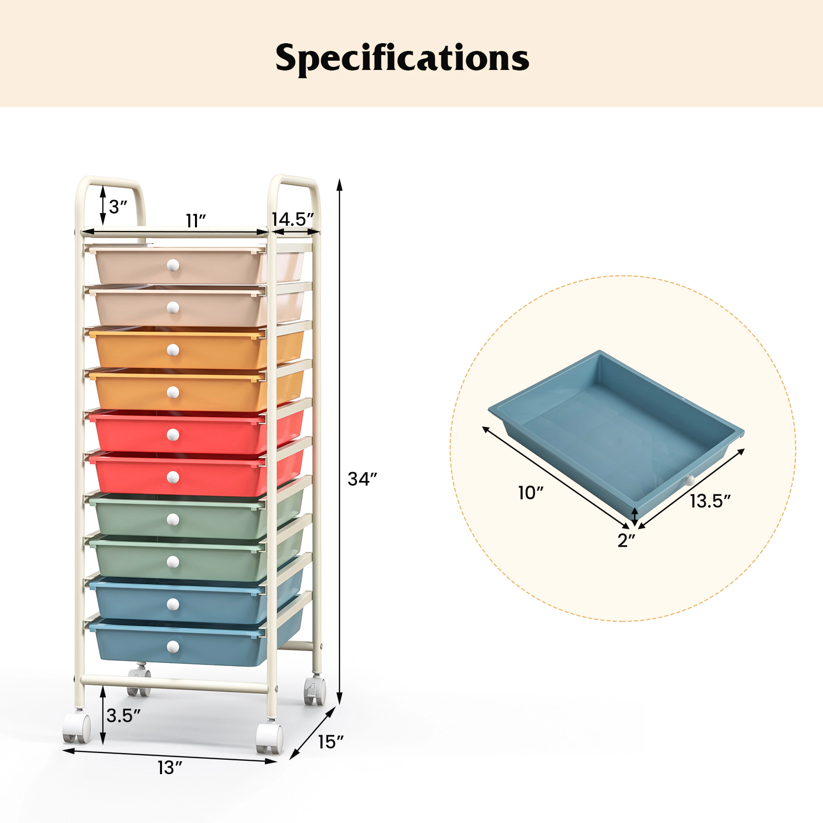 SUGIFT 34-in 10-Drawer Rolling Storage Cart Craft Organizer with Removable Drawers and 4 Universal Casters