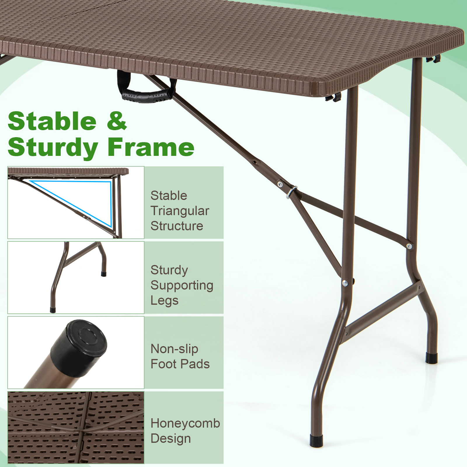 SUGIFT 5 ft Folding Picnic Table Coffee with Rattan Grain HDPE Top and Metal Frame