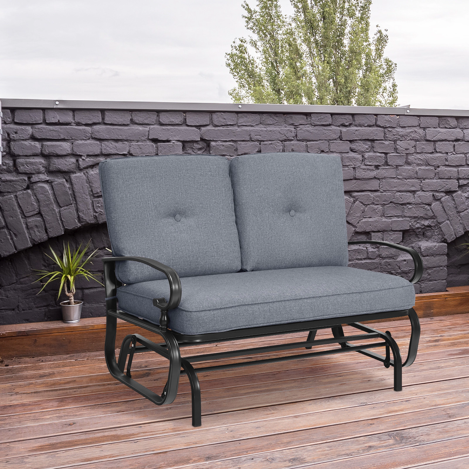 SUGIFT 2-Seat Outdoor Steel Swing Glider Chair with Cushions 440-lb Capacity 47.5-in Frame Patio Bench Gray