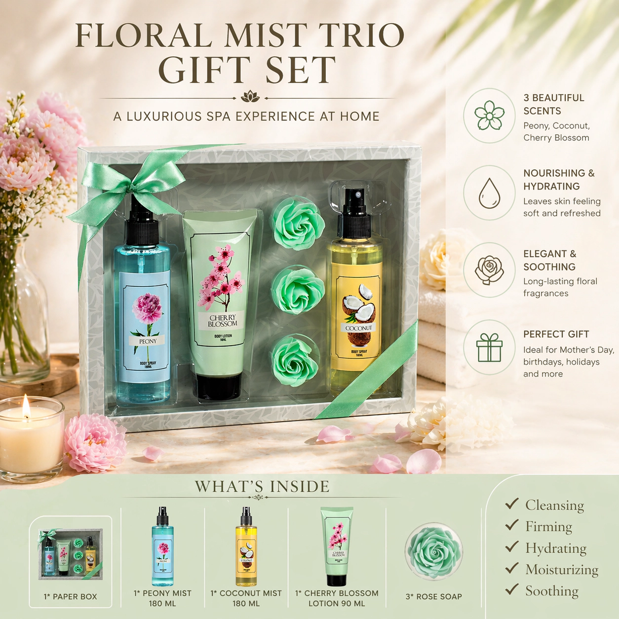 Freida and Joe  Women Floral Mist Trio Gift Set – Elegant Mother's Day Spa Set