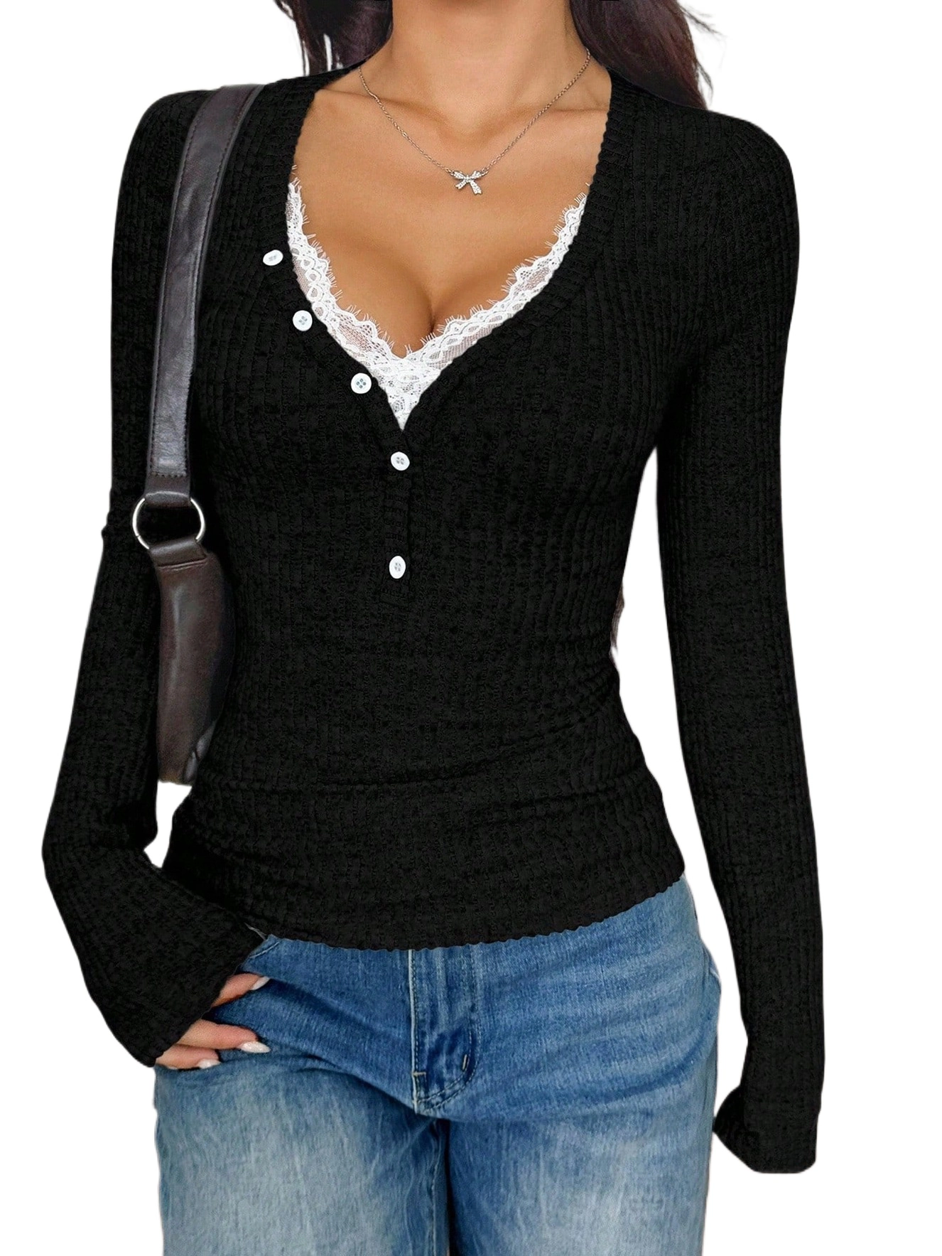 Enchanted Funland Womens V‑Neck Ribbed Henley Button Long Sleeve Slim Tops