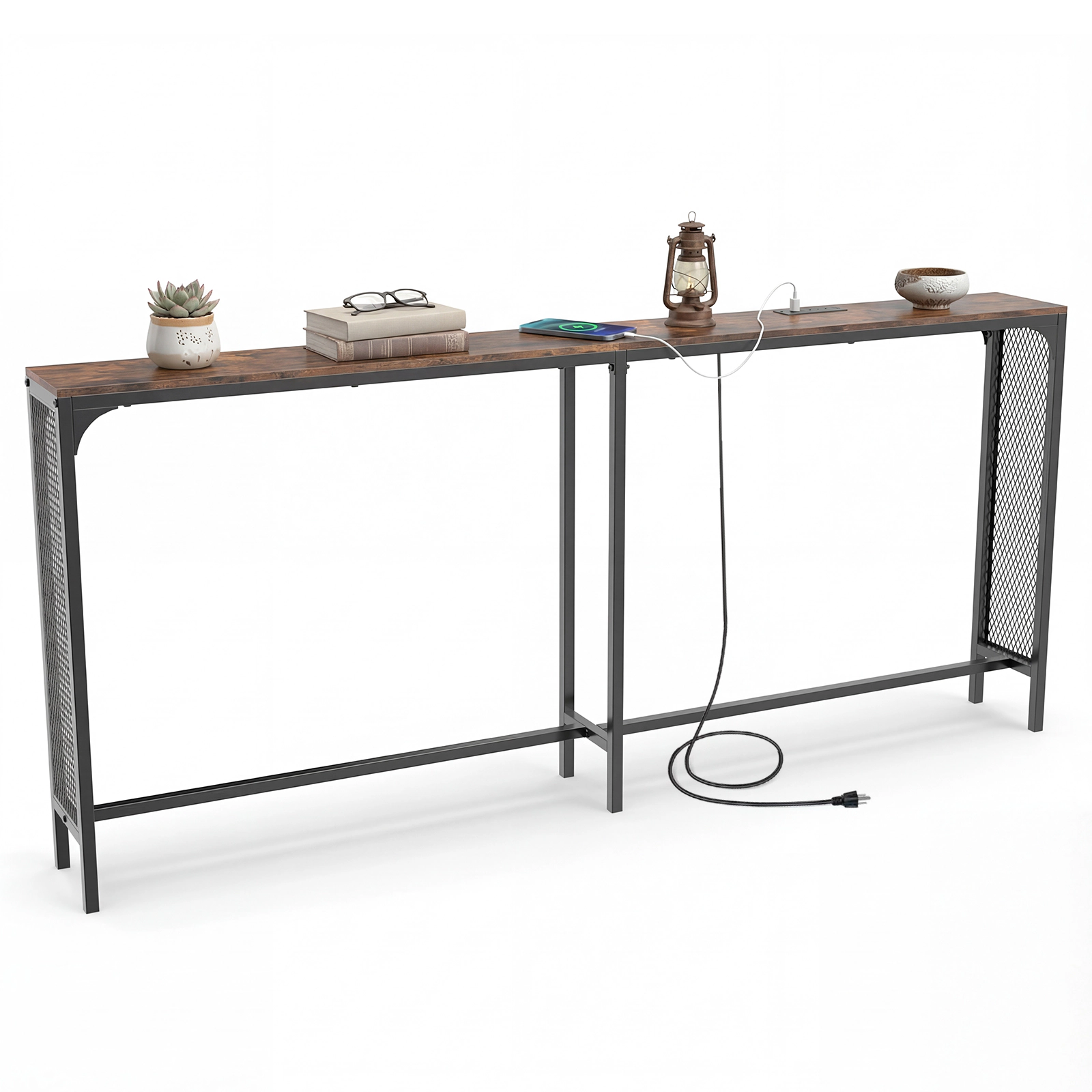 SUGIFT Narrow Reversible Power Outlet USB Type-C Console Table 71-in x 8-in x 32-in 100-lb Capacity Rustic Brown