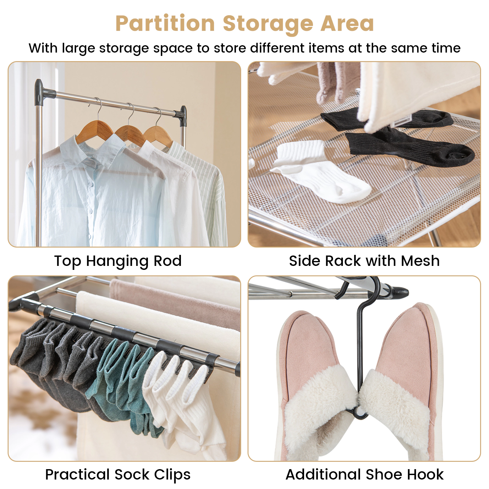 SUGIFT Large Foldable Clothes Drying Rack Silver with Tall Hanging Bar and Shelf