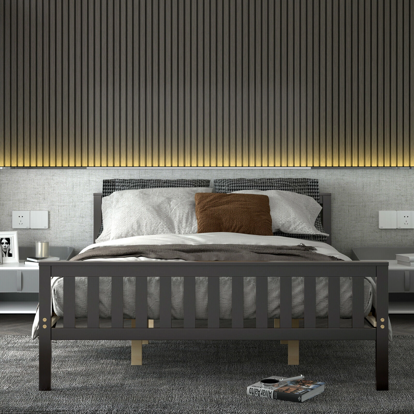 SUGIFT Queen Wood Platform Bed Frame with Panel Headboard, Espresso