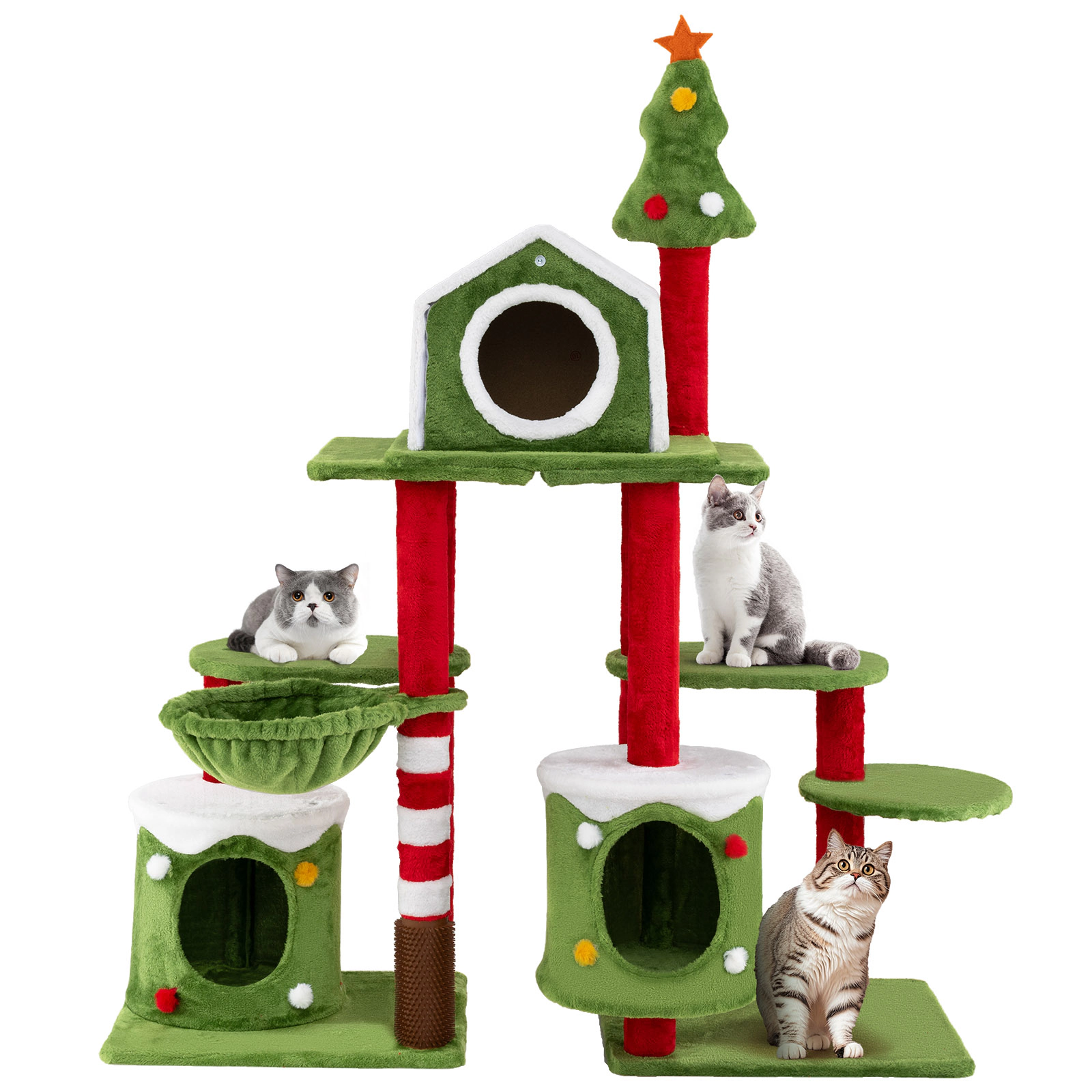 SUGIFT 58-in Tall Multi-Level Cat Tree Tower Furniture with Condos, Cat Basket & Self-Groomer 38-lb Capacity Multi-color